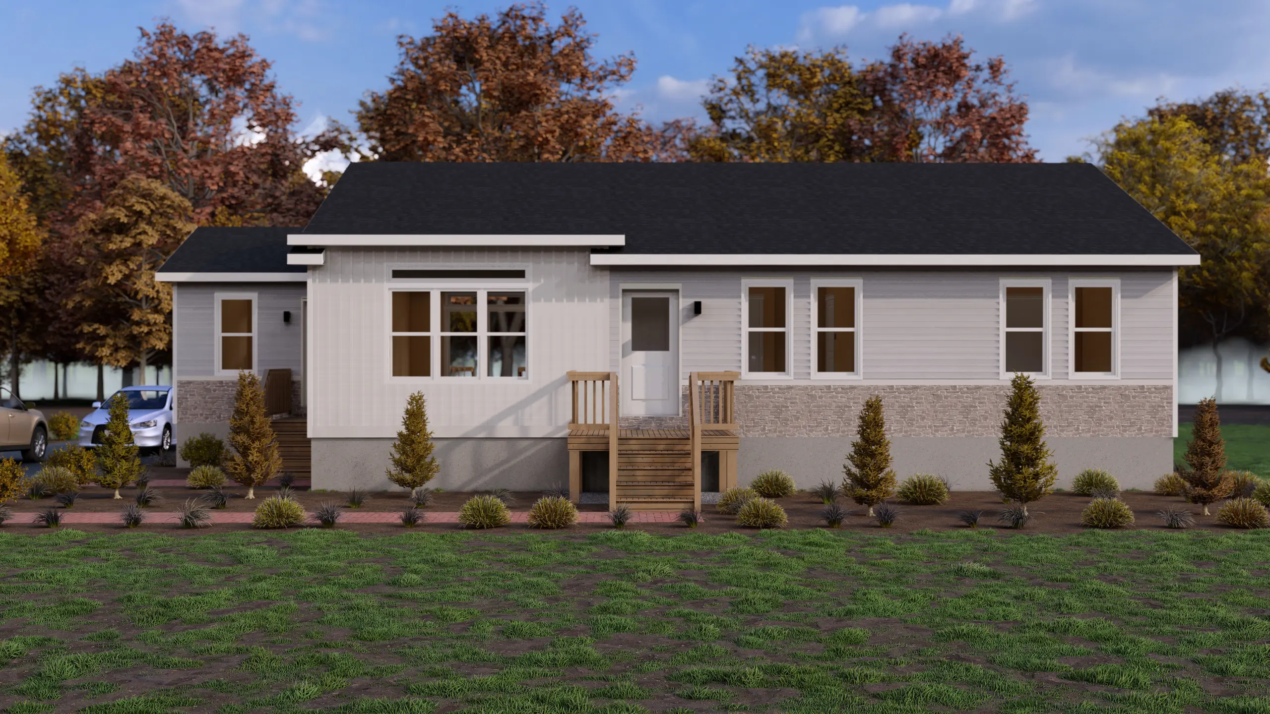 Front view of a contemporary modular bungalow featuring large windows, a central entrance, wood steps, and low-maintenance landscaping. 