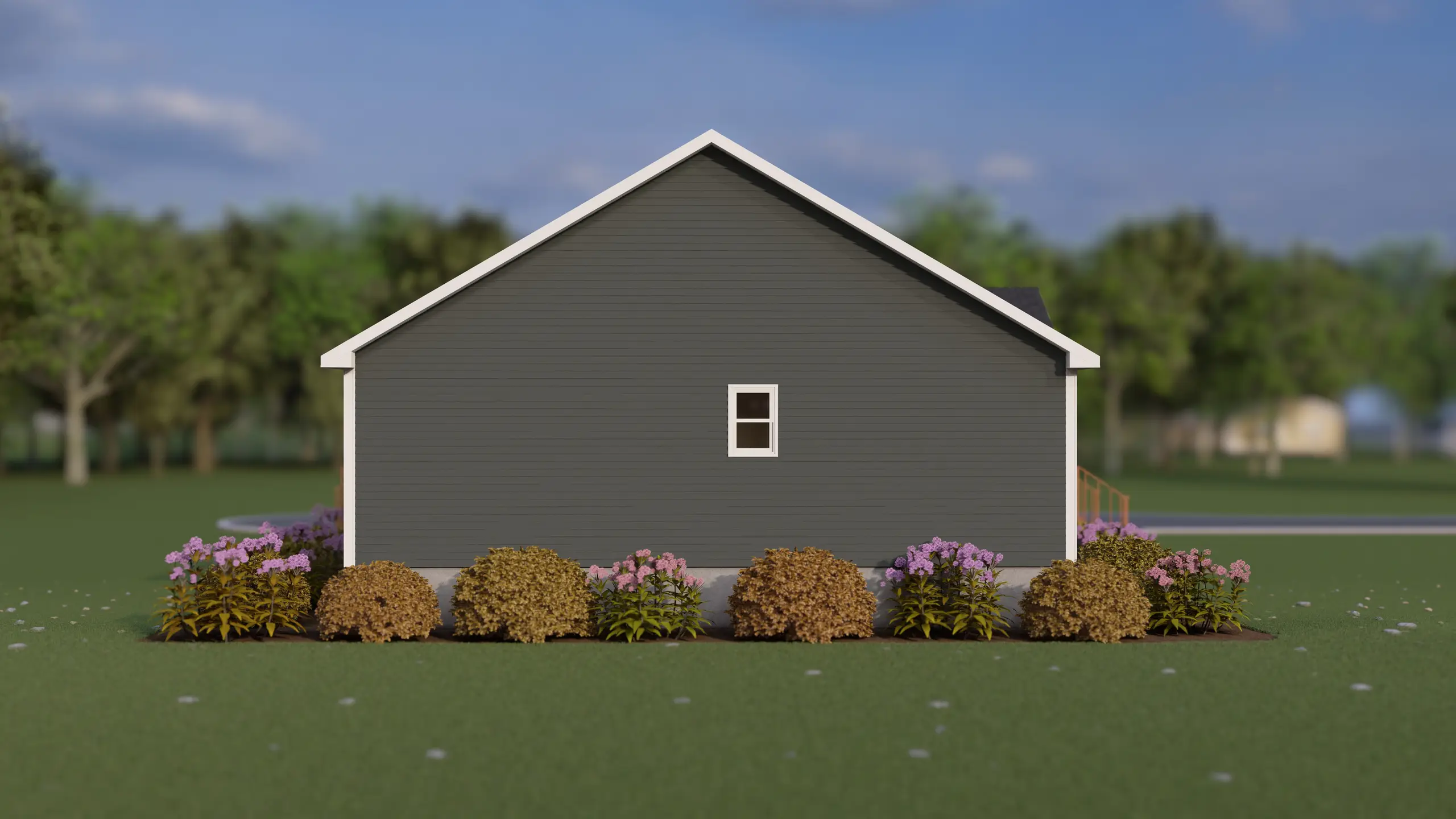Side elevation of a modular home showing a simple grey exterior wall with a single centered window and landscaped shrubs at ground level. 
