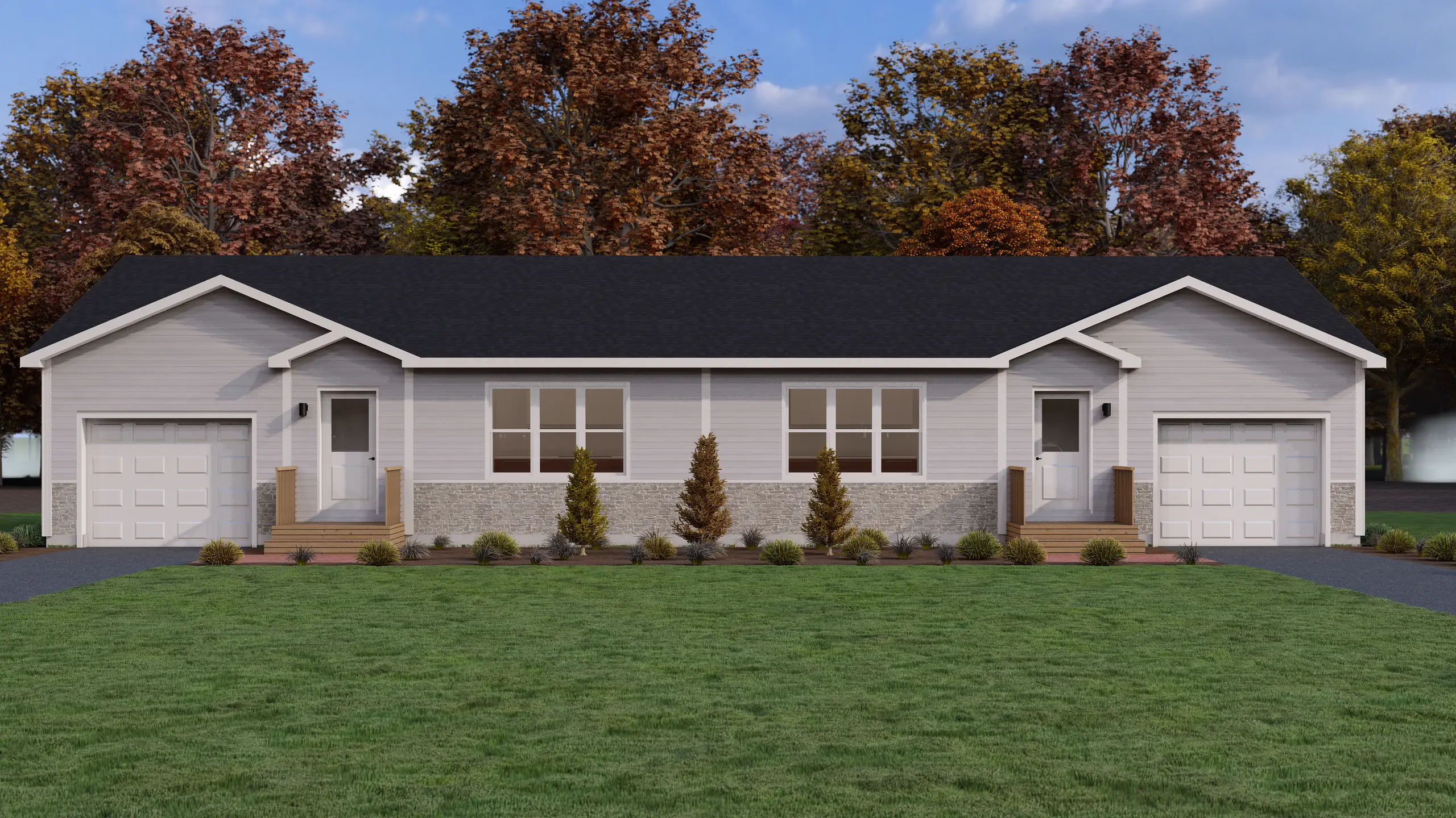 Modern duplex residence with attached garages, private front entrances, landscaped walkways, stone skirting, and a clean contemporary exterior design. 