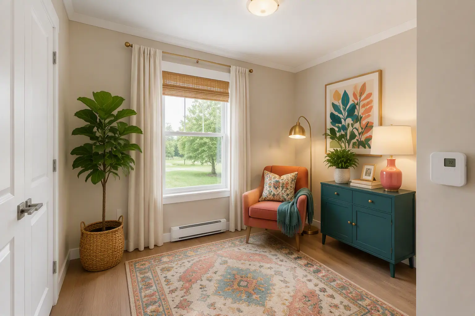 Bright flex room with an accent chair, colourful area rug, botanical artwork, decorative cabinet, and large window. 