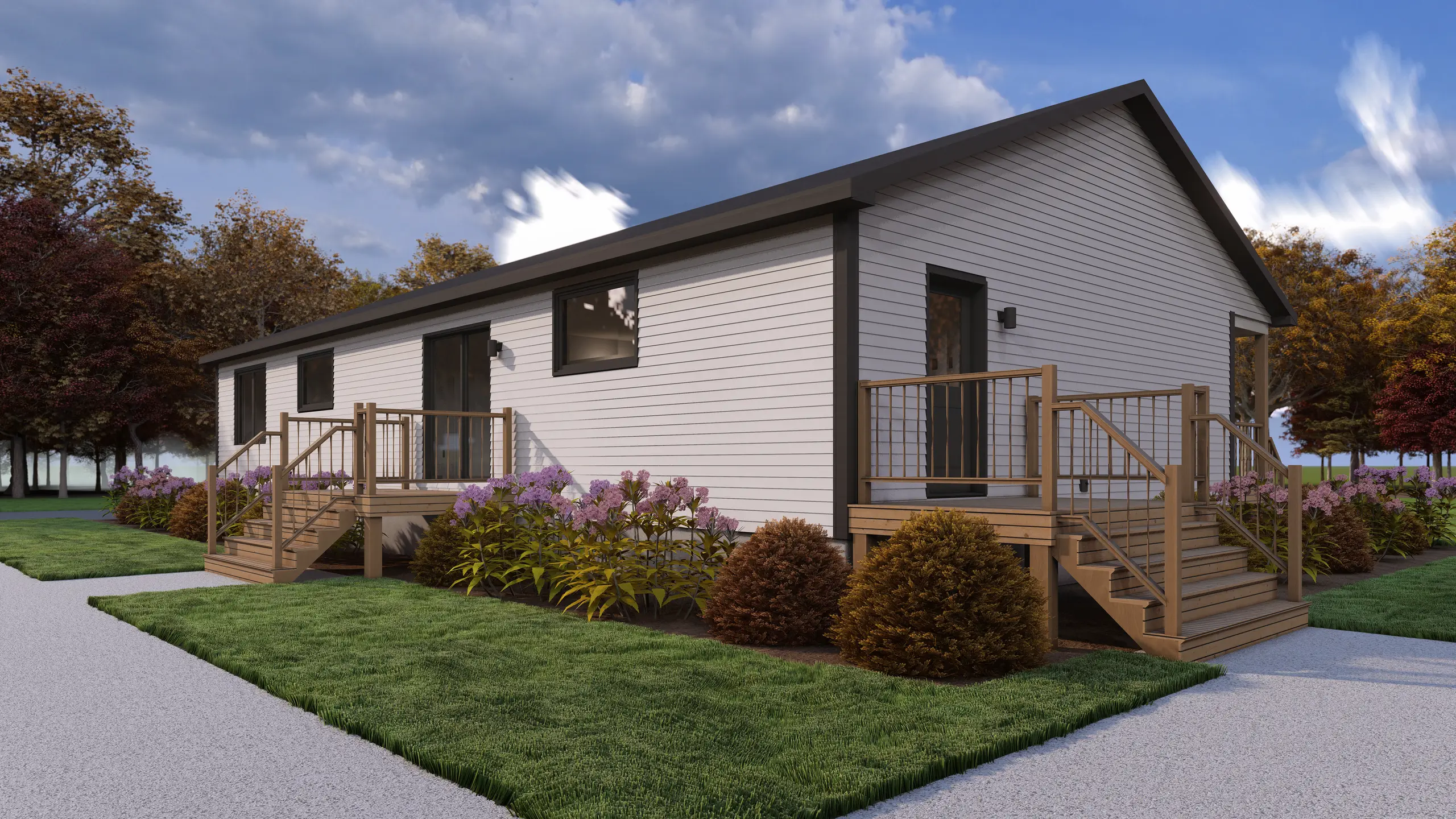 Rear view of a modern bungalow showcasing dual entry decks, patio access, landscaped gardens, and an expansive lawn. 