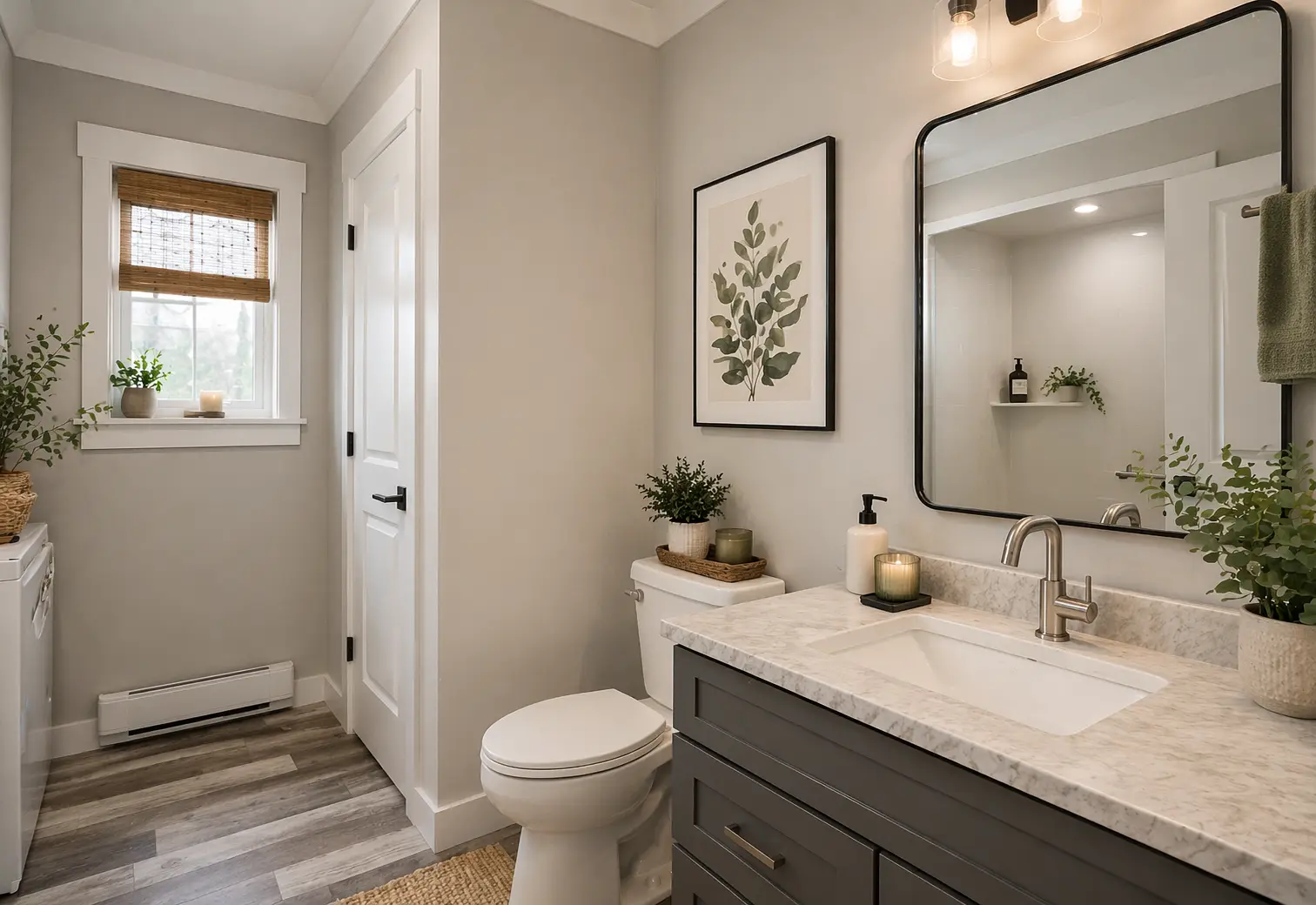 Modern bathroom featuring a grey vanity with quartz countertop, framed mirror, botanical artwork, and bright natural light. 