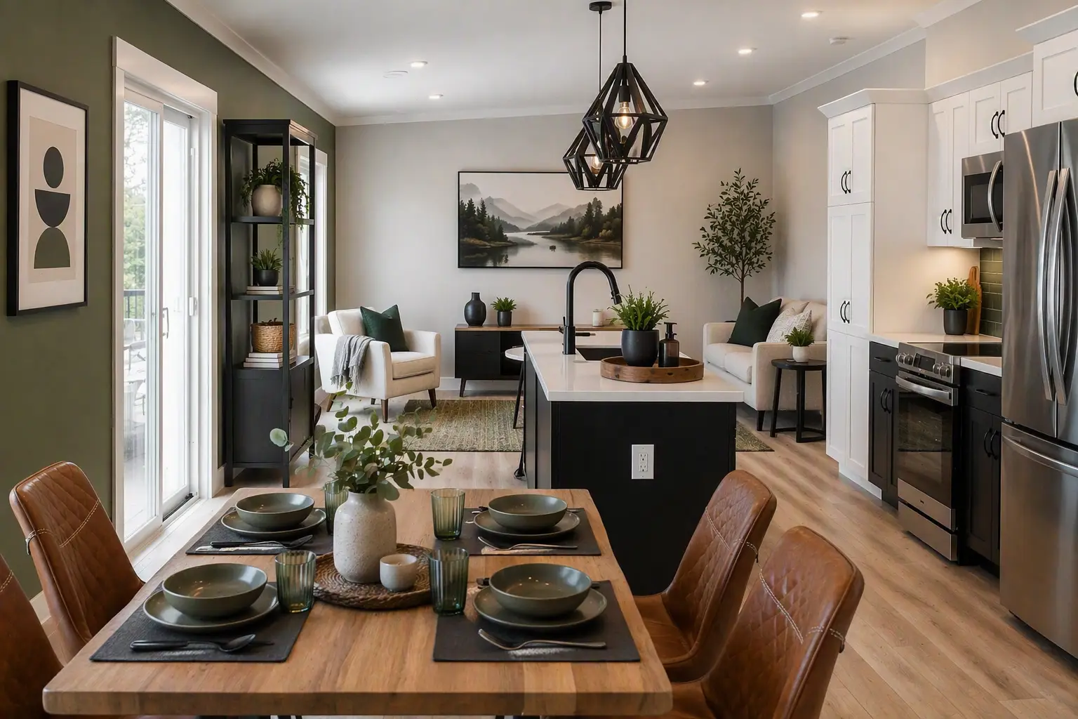 Modern open-concept kitchen, dining, and living room featuring a central island, contemporary lighting, comfortable seating, and warm wood-tone finishes. 