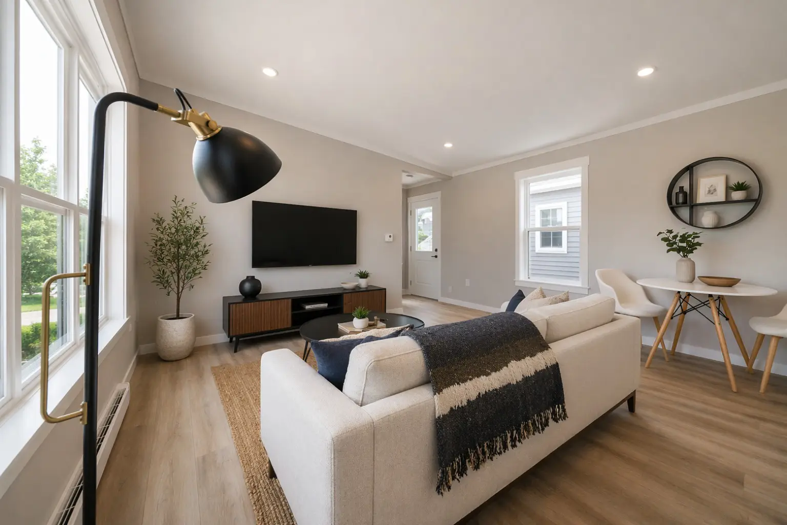 Bright open-concept living room featuring a light sofa, modern media console, large windows, and a cozy dining nook with seating for four. 