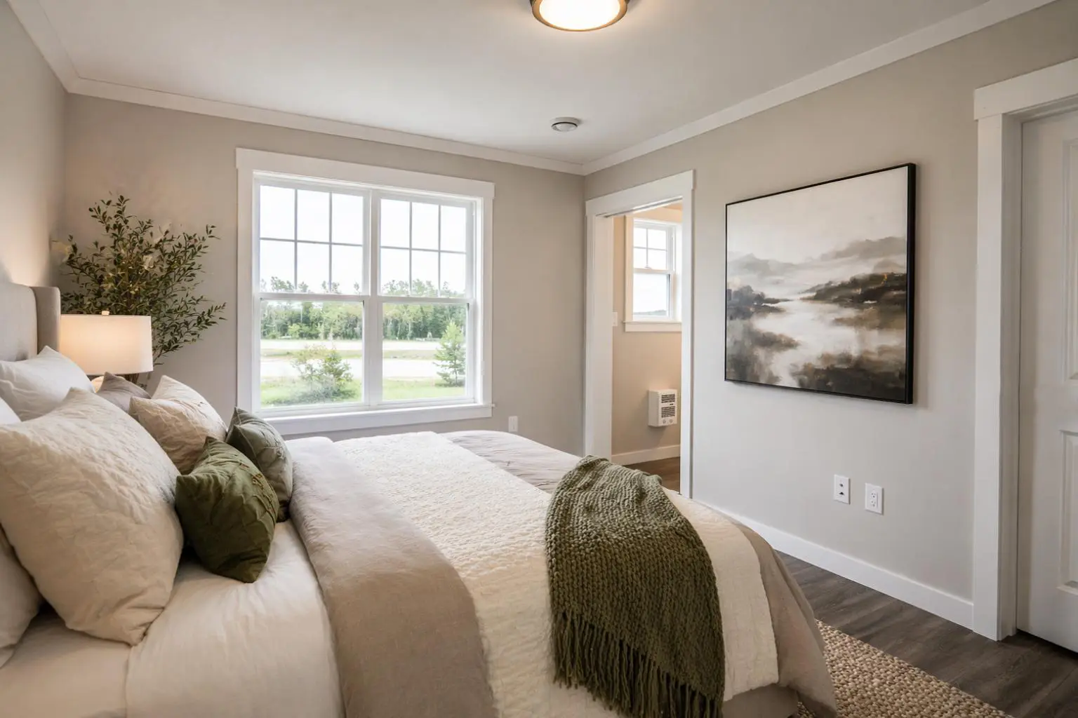 Spacious primary bedroom featuring a large window, upholstered bed, layered bedding, and soft neutral décor. 
