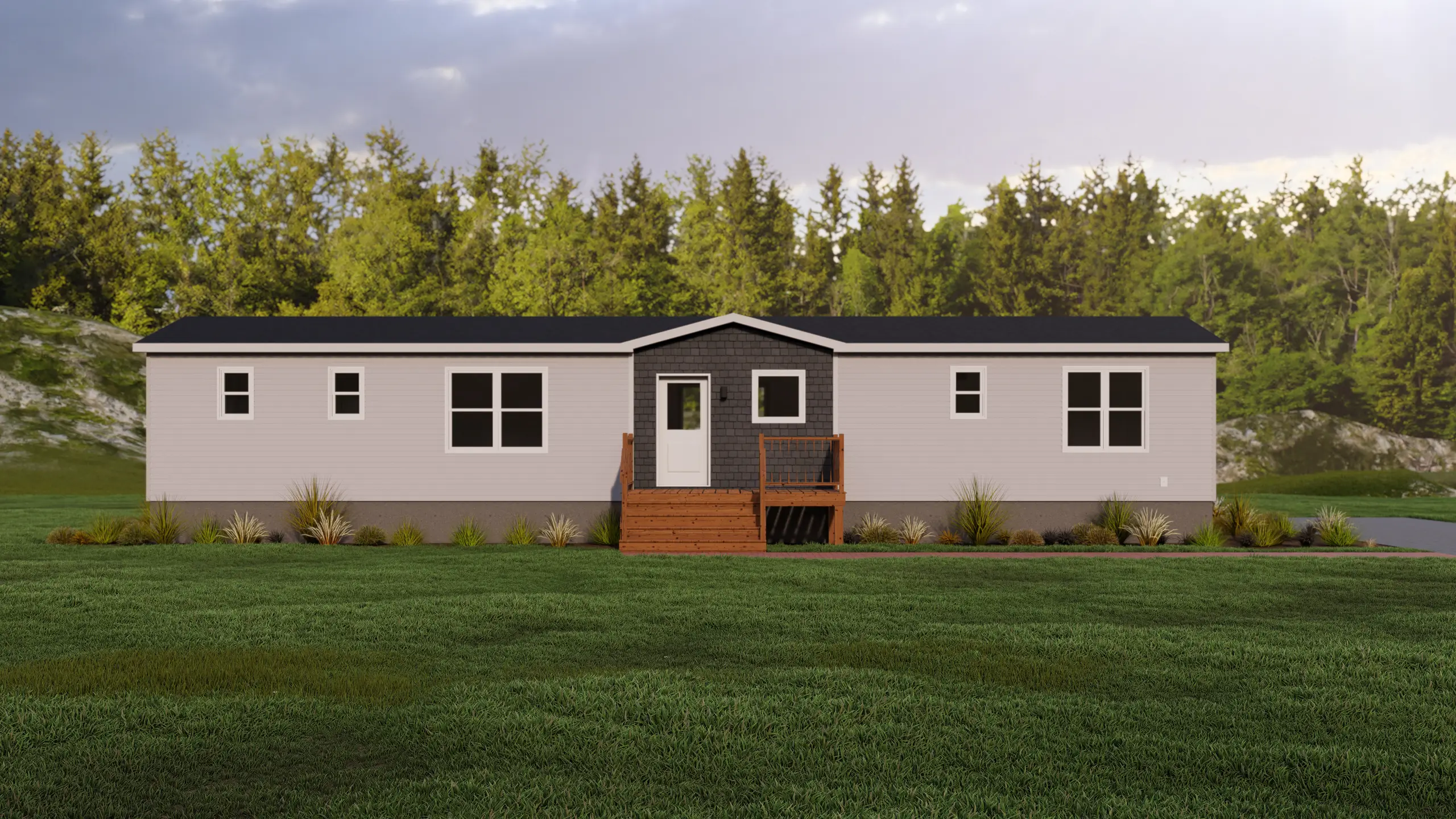 Front elevation of a contemporary mini home with a covered entry, dark accent façade, symmetrical windows, and wood entry deck. 