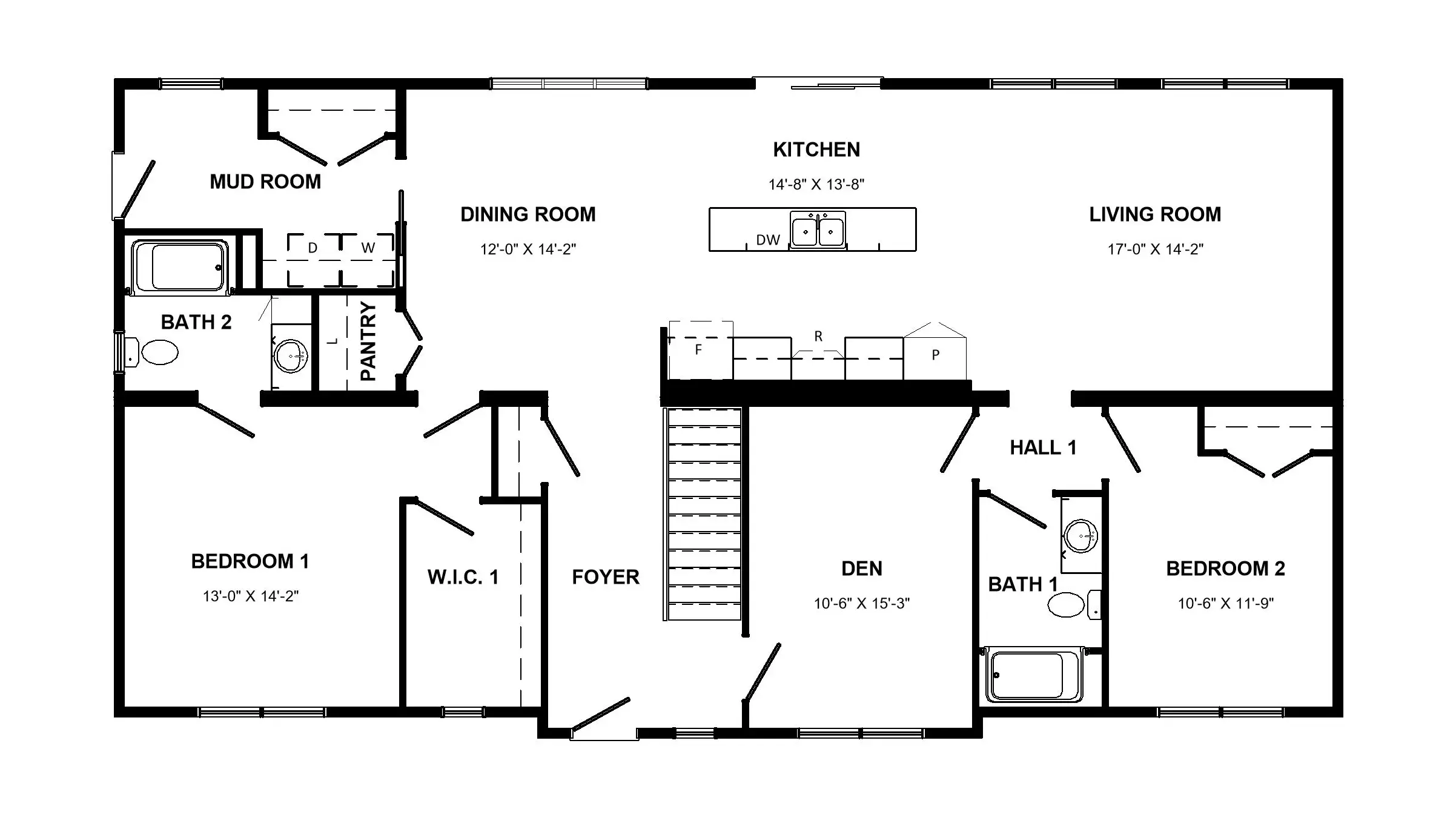 Floor plan of the Glasgow modular home, including designated space for a basement stairwell. 