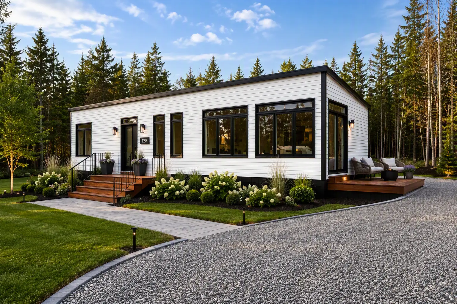 Modern single-section home with white siding, black trim, expansive windows, a front entry deck with wood steps, landscaped garden beds, and a gravel driveway surrounded by mature trees. 