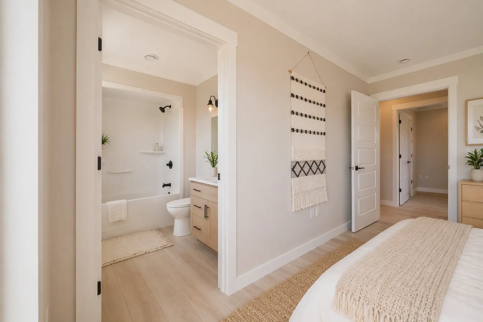 Bedroom with a view into an adjoining bathroom featuring a tub-shower combo with black fixtures, a wood vanity, and white finishes, with natural light, neutral décor, and light wood flooring throughout. 