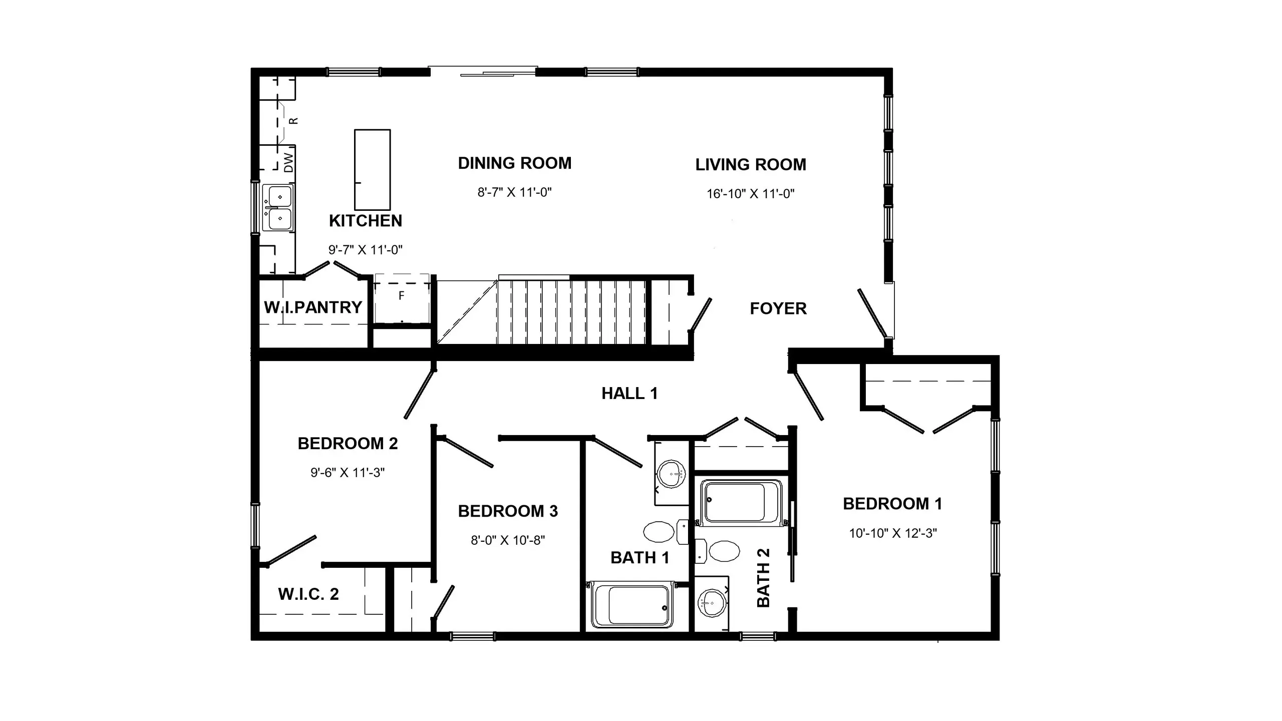 Floor plan of the Nook modular home, including designated space for a basement stairwell. 