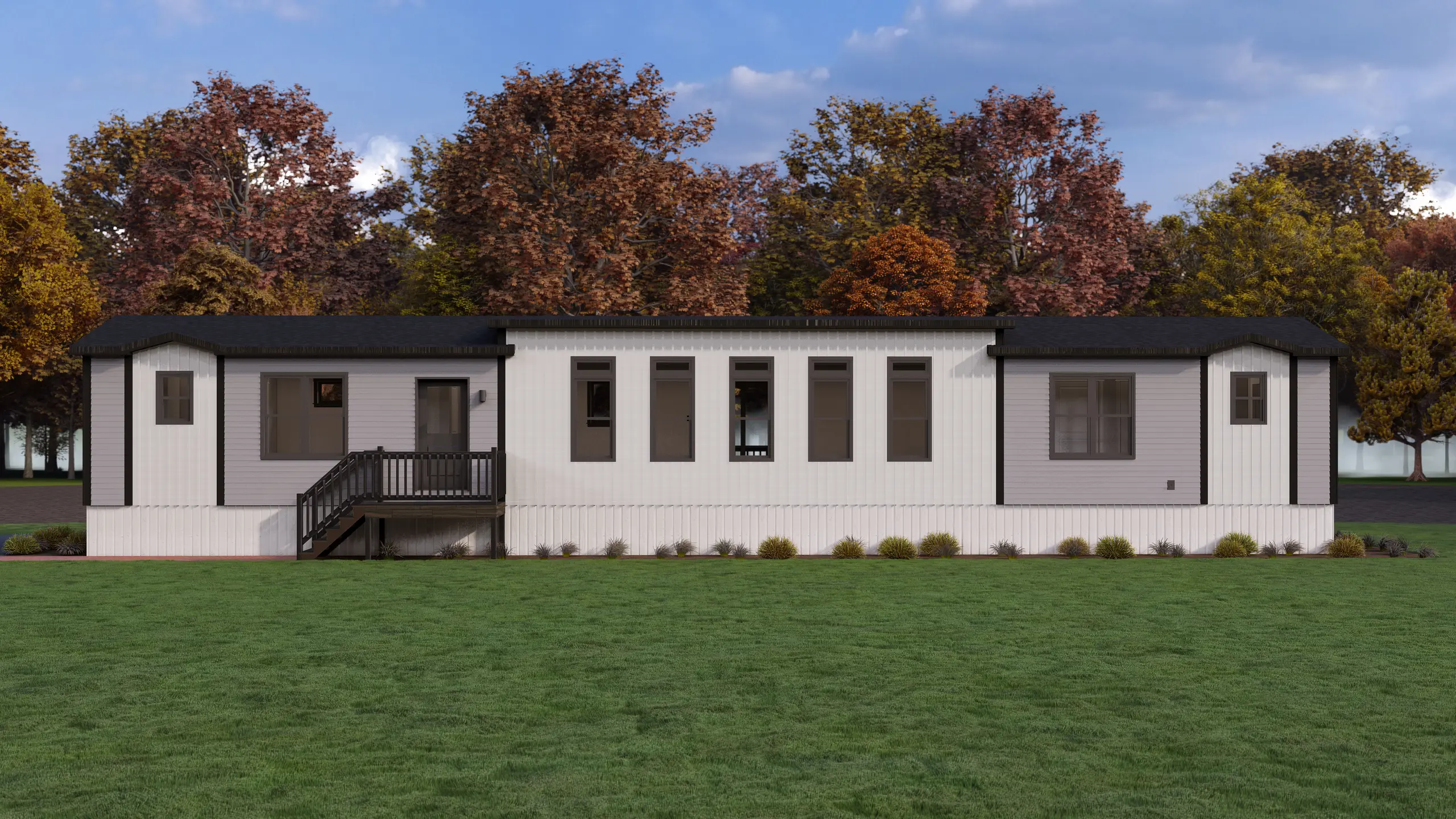Front elevation of a modern modular home with a central entry deck, and light grey exterior finishes. 