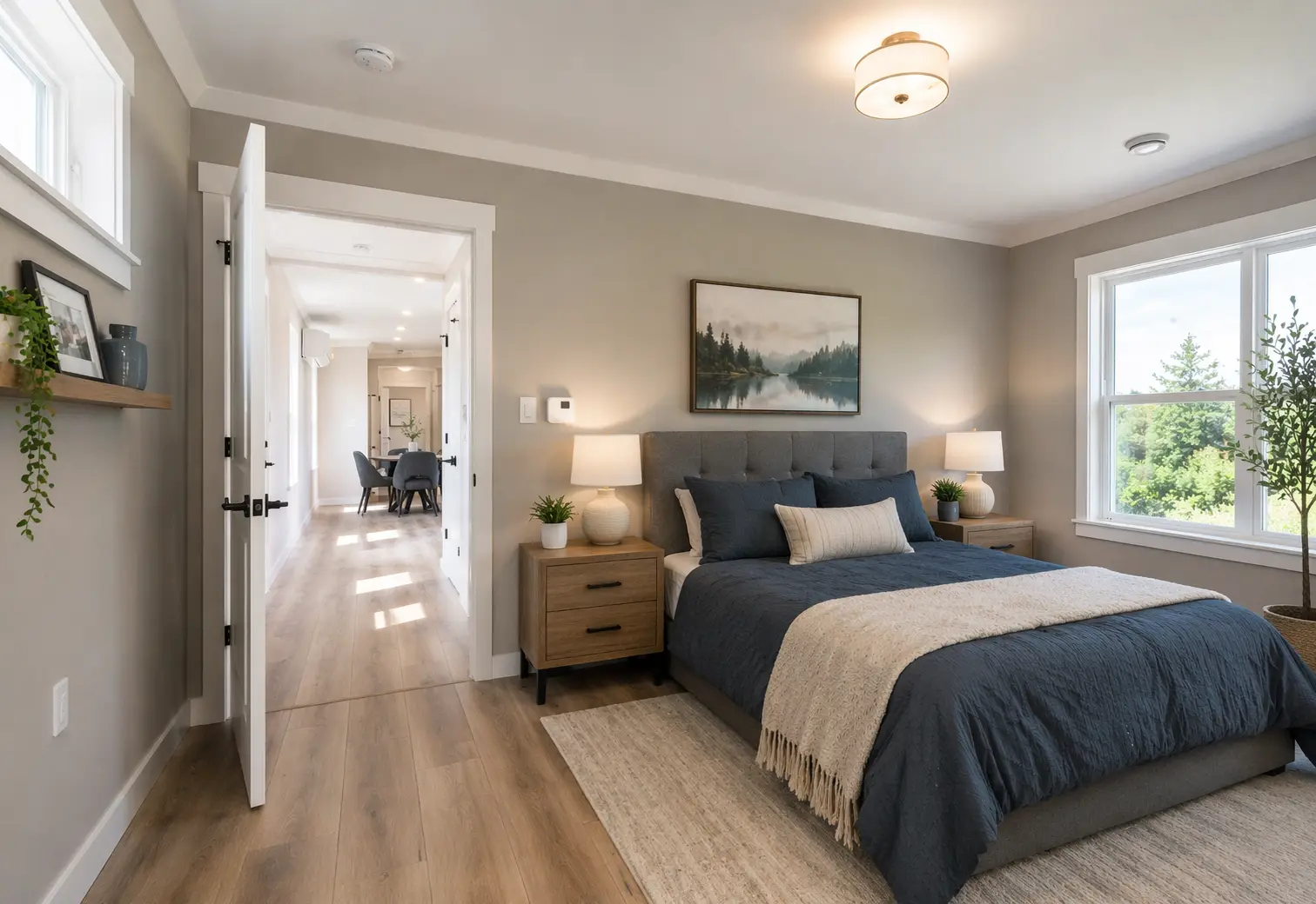 Bright primary bedroom with a grey upholstered bed, large windows, matching nightstands, and a view toward the main living area. 