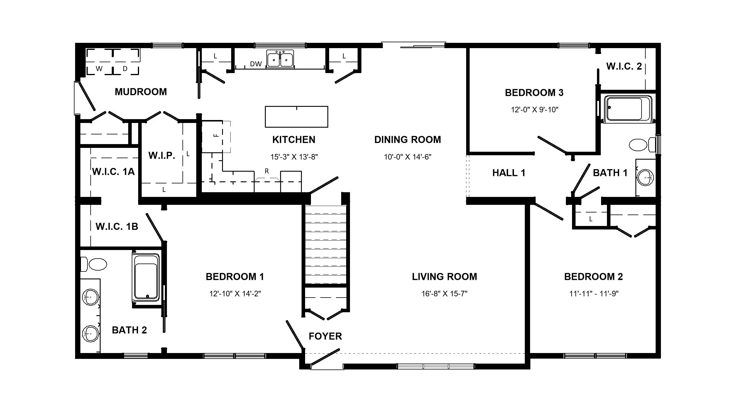 Floor plan of the Garrison modular home, including designated space for a basement stairwell.