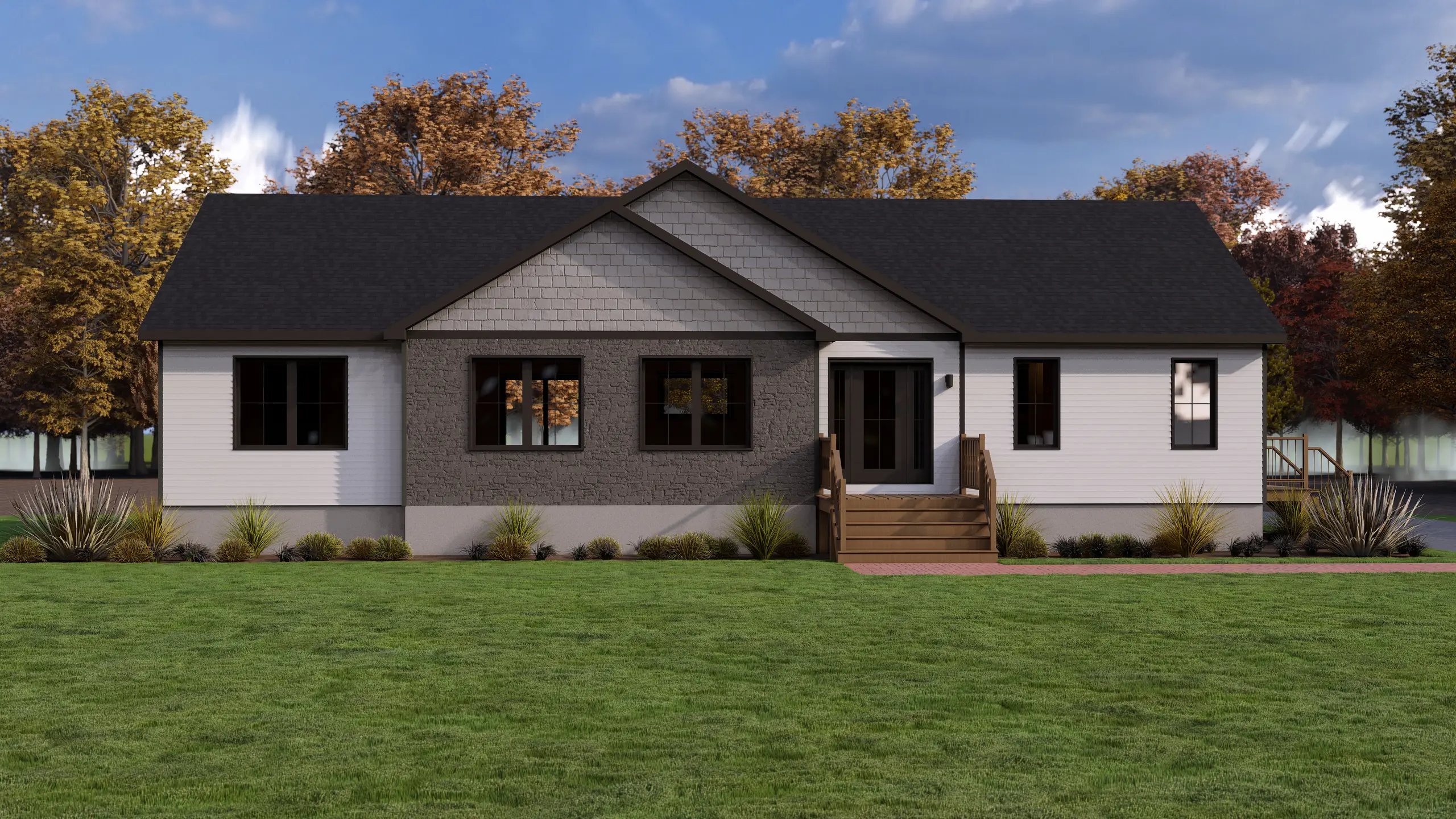 Modern bungalow with white siding, dark stone accents, black-framed windows, and a covered front entry surrounded by landscaped gardens. 