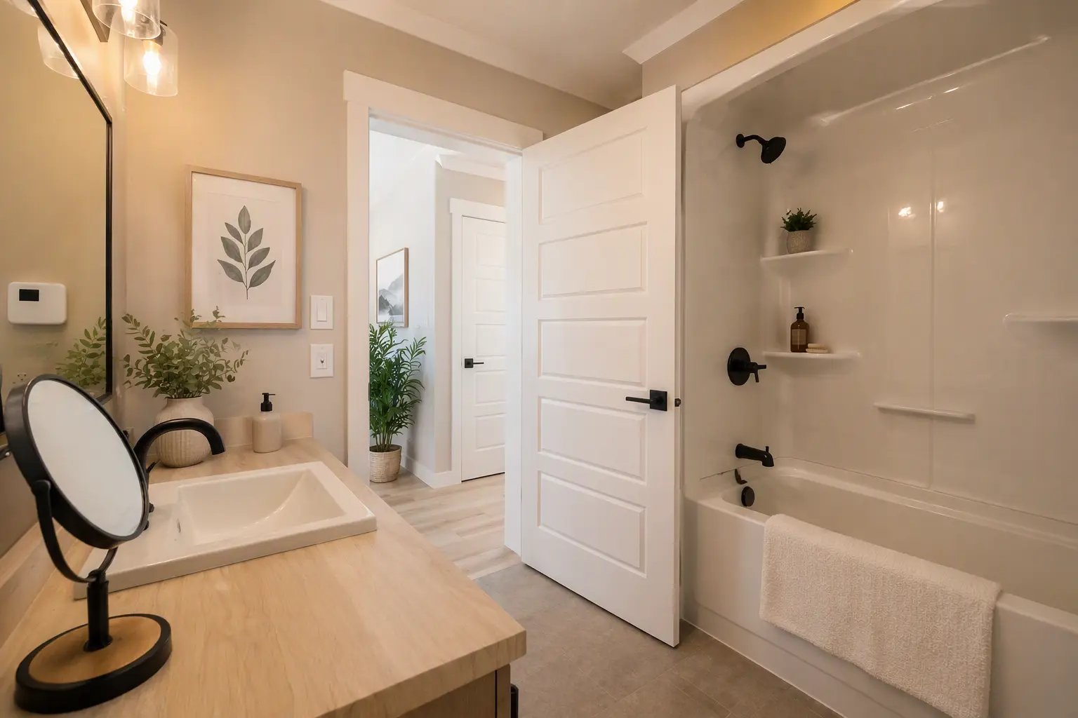 Bathroom interior with a wood vanity and square sink, black faucet and fixtures, wall mirror, and decorative plants, alongside a tub-shower combo with shelving and a towel, with an open door leading to a bright hallway. 
