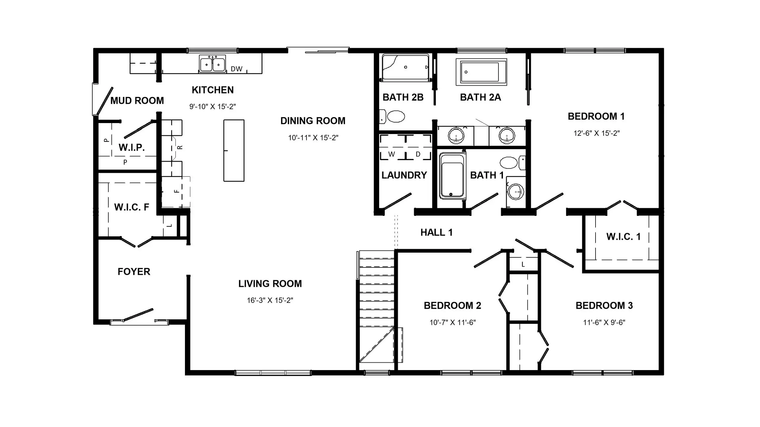 Floor plan of the Maeva modular home, including designated space for a basement stairwell. 