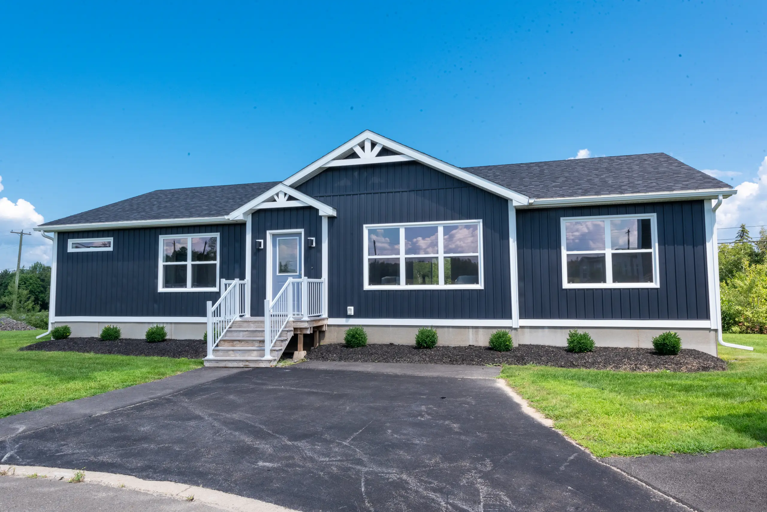 Modern bungalow with dark blue board-and-batten siding, white trim, large front windows, and a paved driveway.