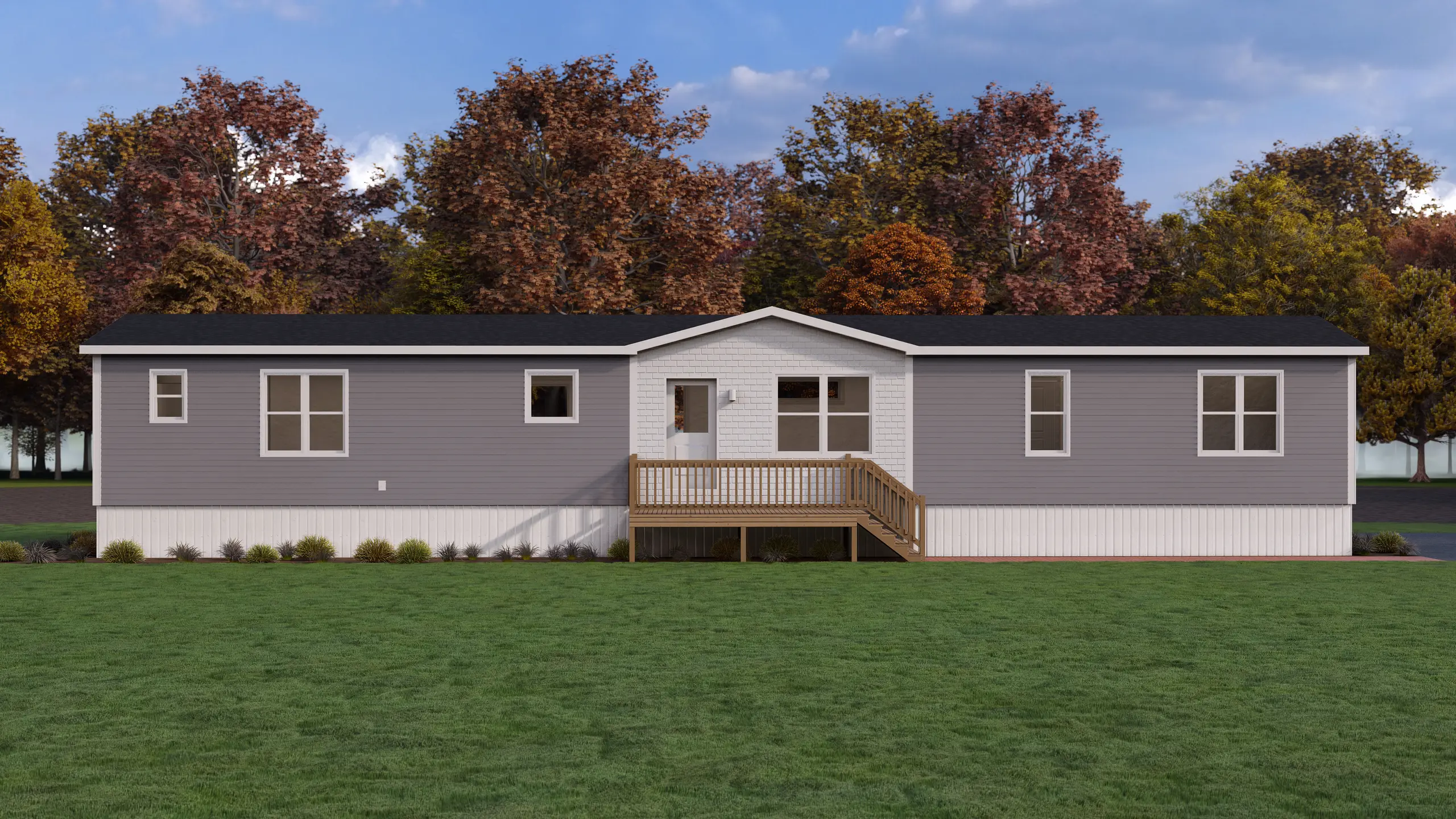 Front elevation of a modern mini home with grey exterior siding, white accent gable, central entry porch, and symmetrical window placement. 