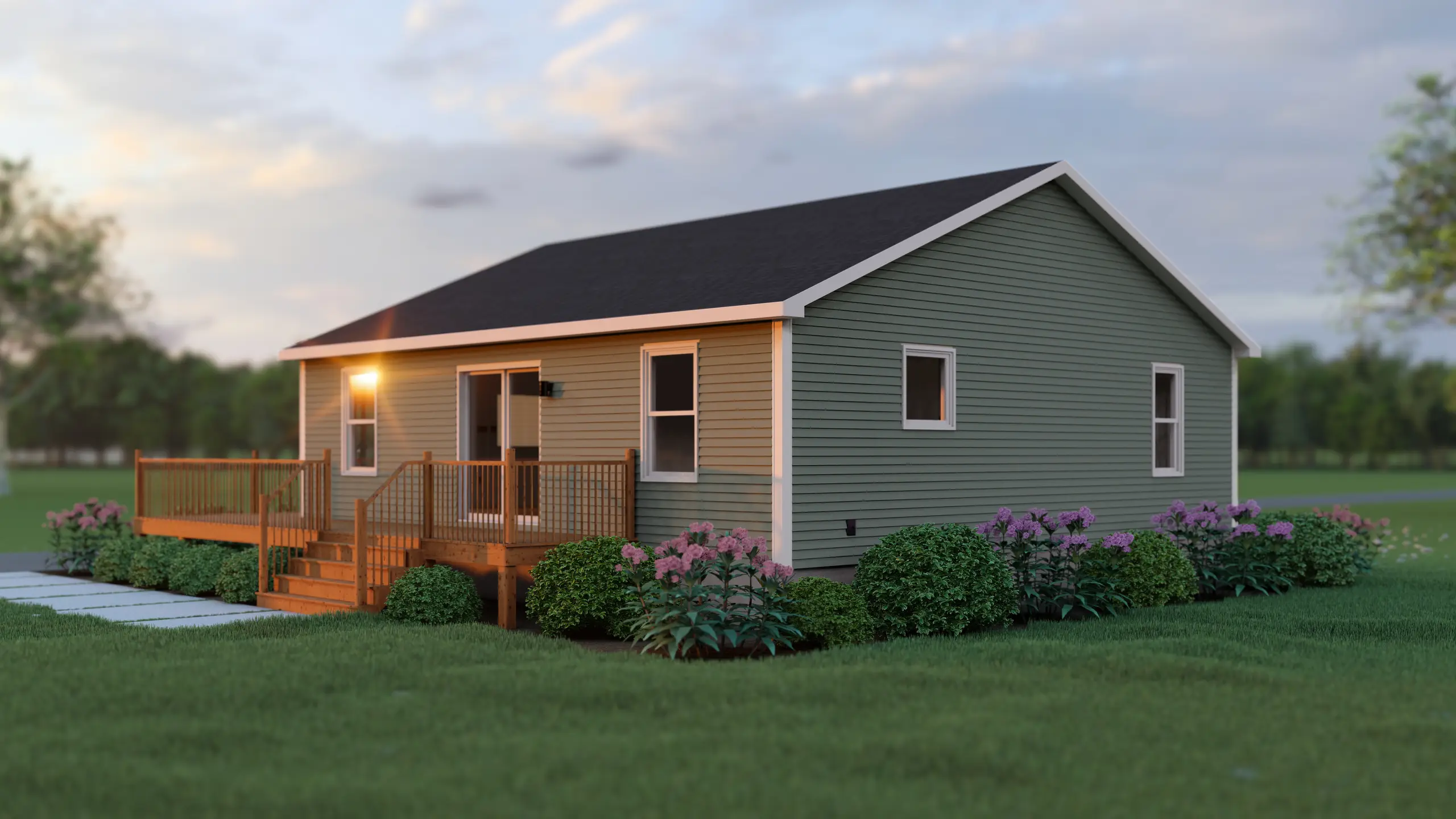 Rear corner view of a bungalow at sunset, showcasing a large wooden deck, warm exterior lighting, and landscaped garden beds. 