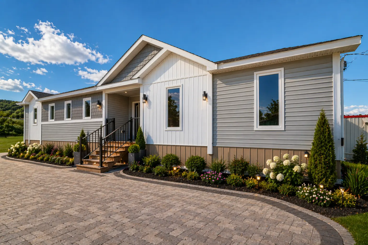 Contemporary modular bungalow with grey and white siding, a covered front entry, landscaped flower beds, and a curved stone-paved driveway. 