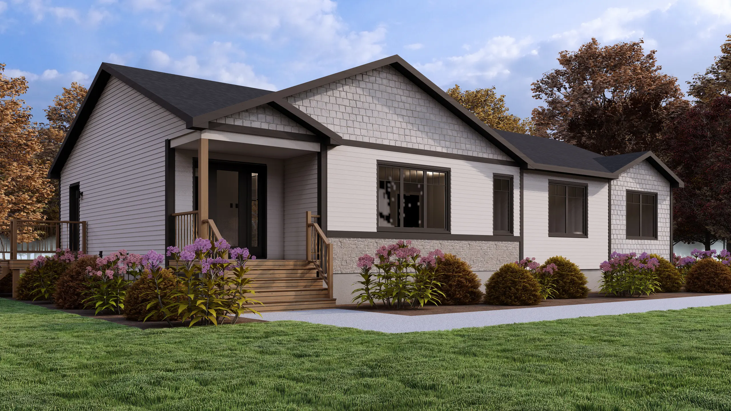 Contemporary bungalow with white siding, black trim, covered front entry, and landscaped flower beds surrounding the home. 