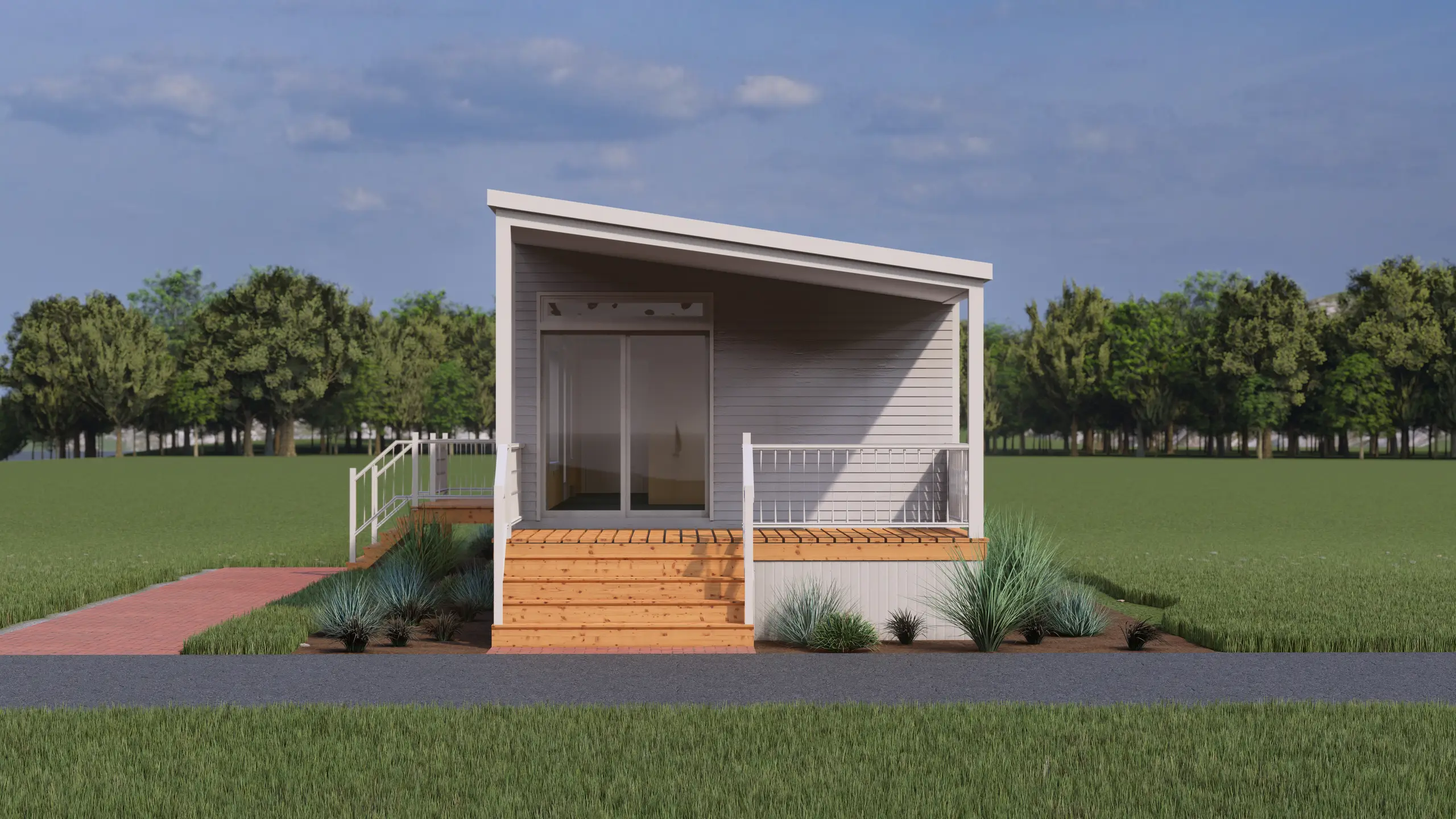 Contemporary home featuring a distinctive angled roof, light grey exterior, narrow vertical windows, landscaped perimeter with ornamental grasses, and open green space overlooking a waterfront setting. 