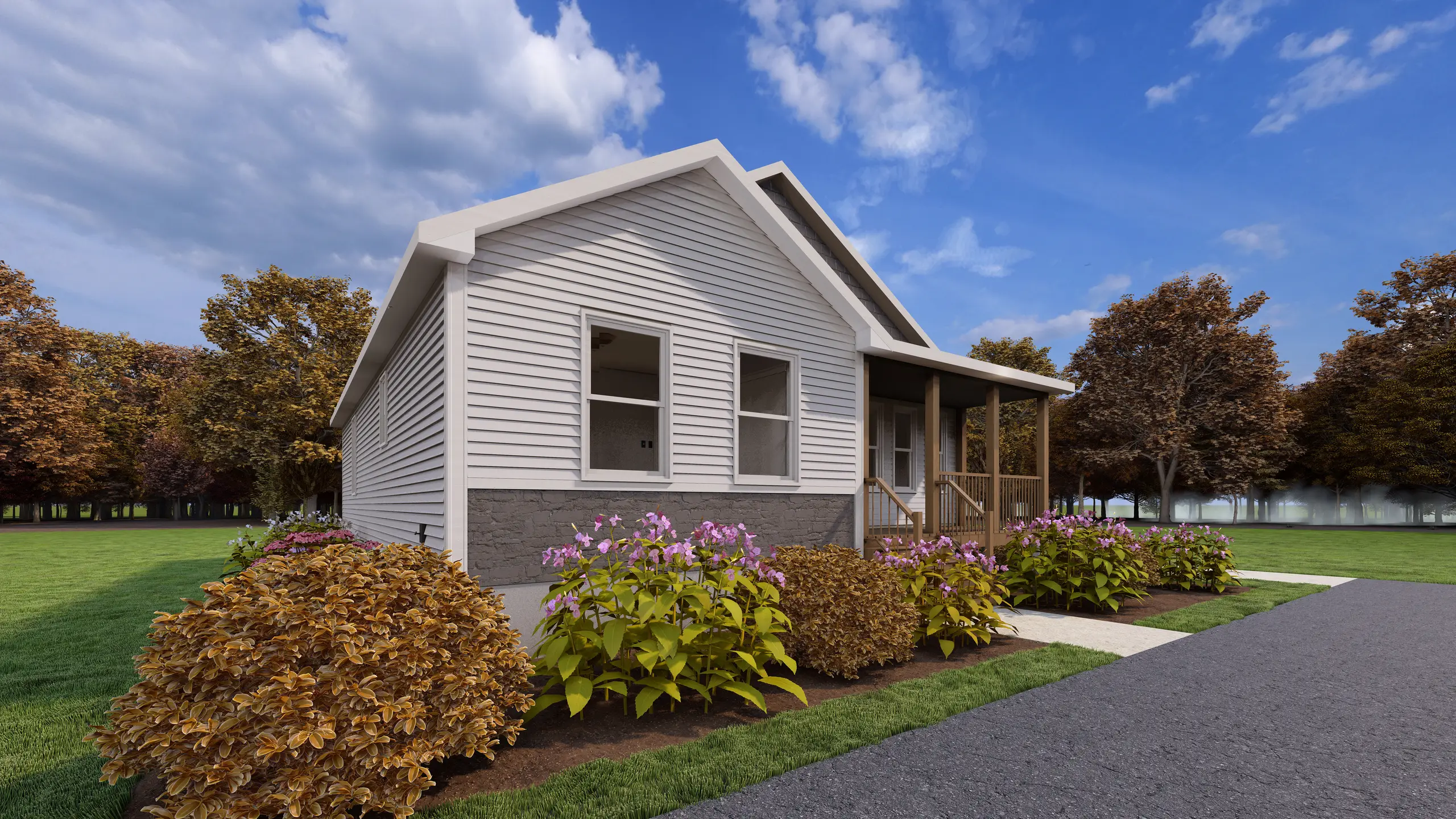 Front corner perspective of a modern bungalow with stone-accented exterior, covered porch, and mature landscaping along the walkway. 