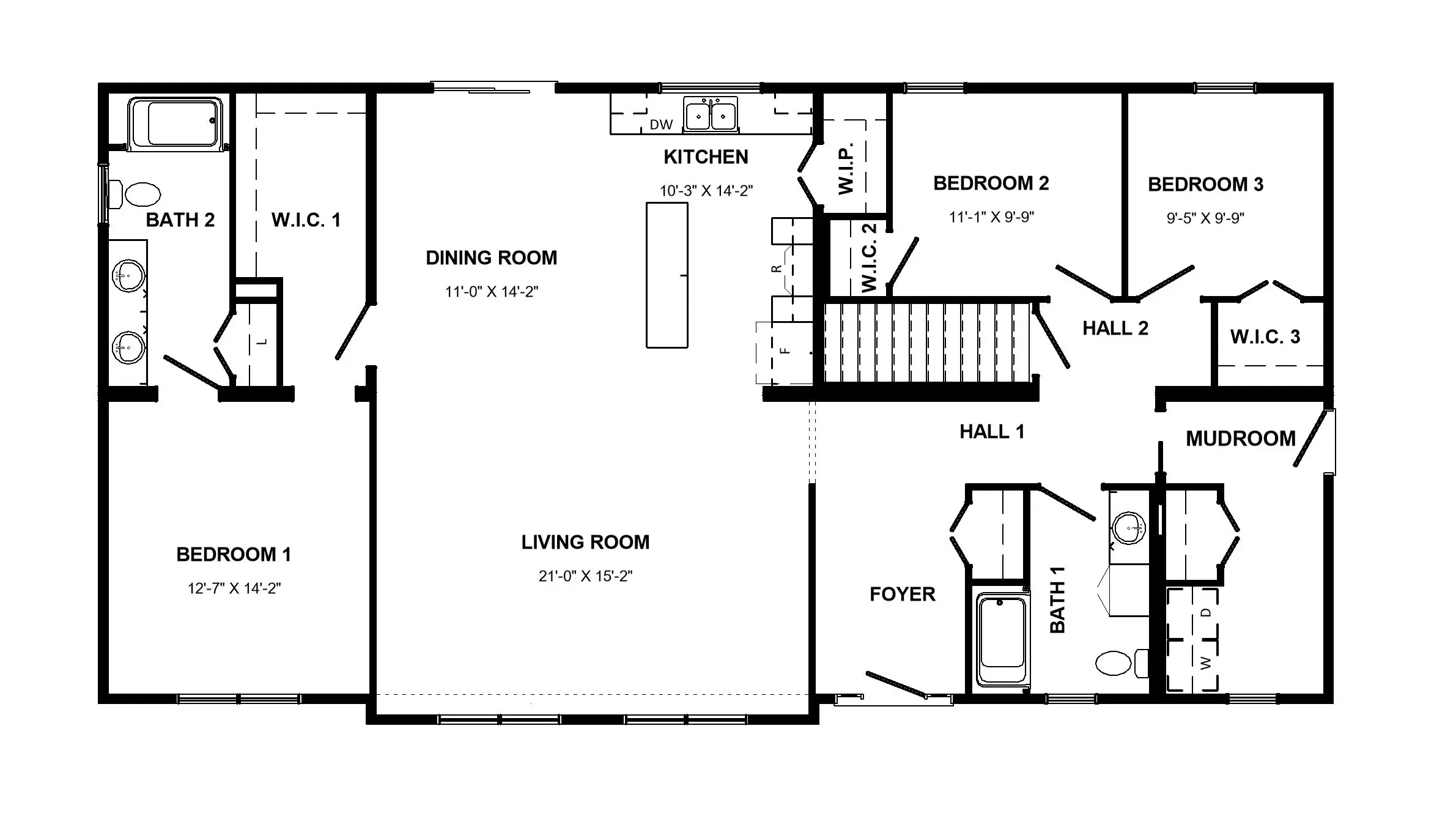 Floor plan of the Winterhaven modular home, including designated space for a basement stairwell. 