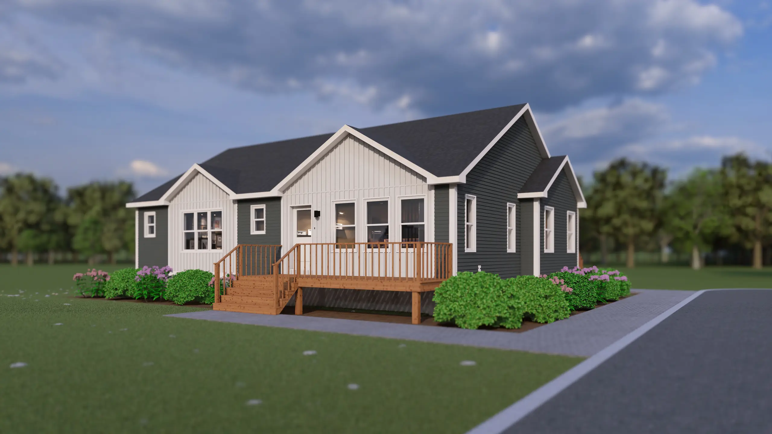 A 3D rendering of a single-storey modular home with grey siding and white board-and-batten accents, featuring a small wooden front deck with stairs, large front windows, and landscaped shrubs, shown from an angled front view. 