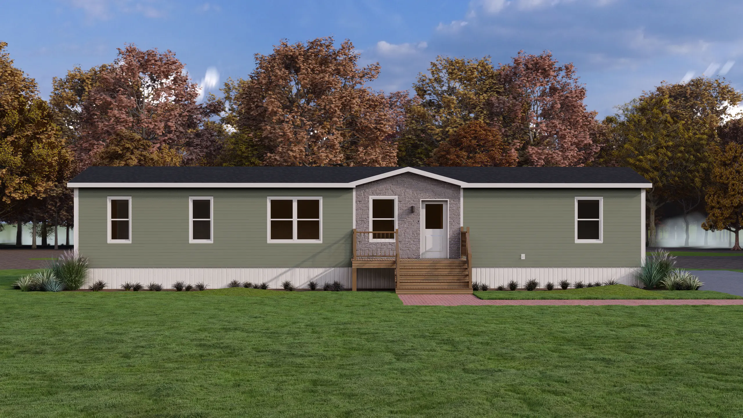 Front elevation of a modern mini home with sage green siding, a stone-look entry façade, central stairs, and low-maintenance landscaping. 