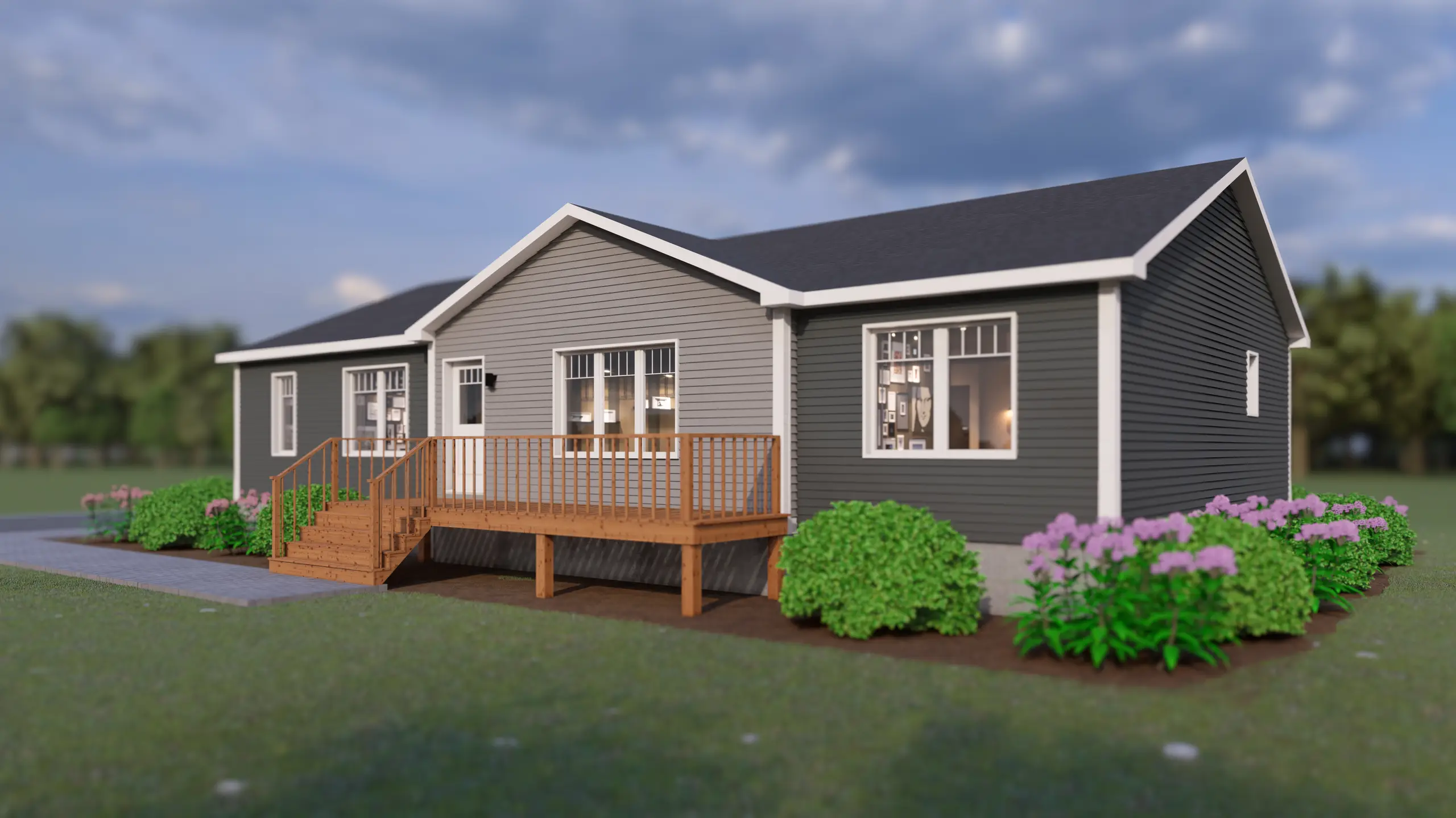 Modern bungalow featuring a spacious front deck, large windows, dark exterior siding, and well-maintained landscaping with shrubs and blooming flowers. 