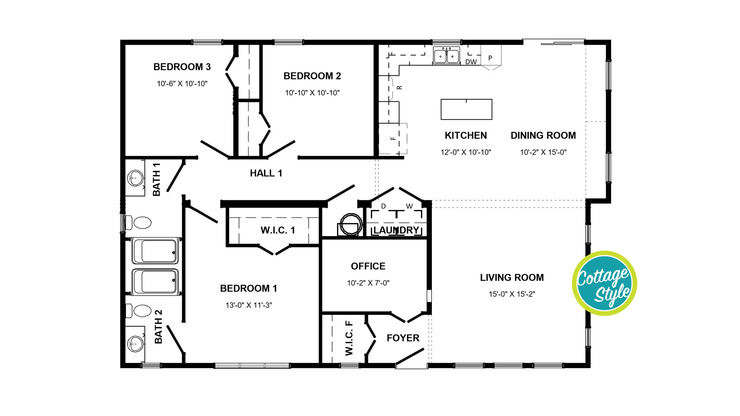 Floor plan of the Cottage, Aurora model modular home. 