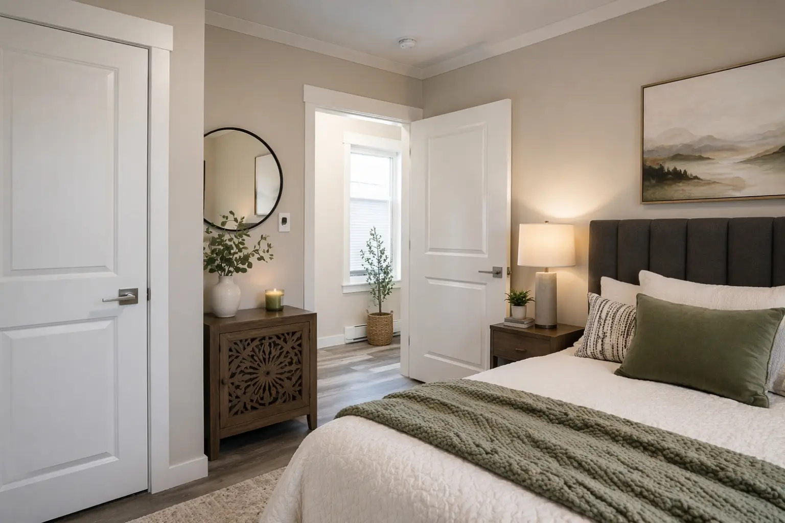 Cozy primary bedroom featuring a charcoal upholstered bed, layered neutral bedding, warm wood furnishings, and soft contemporary décor. 