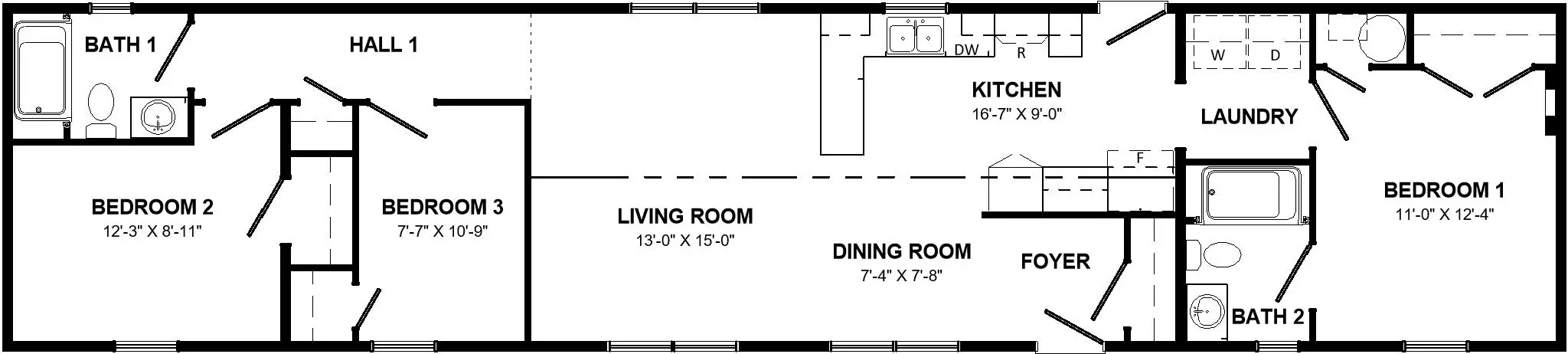 Floor plan of the Fairview mini home. 