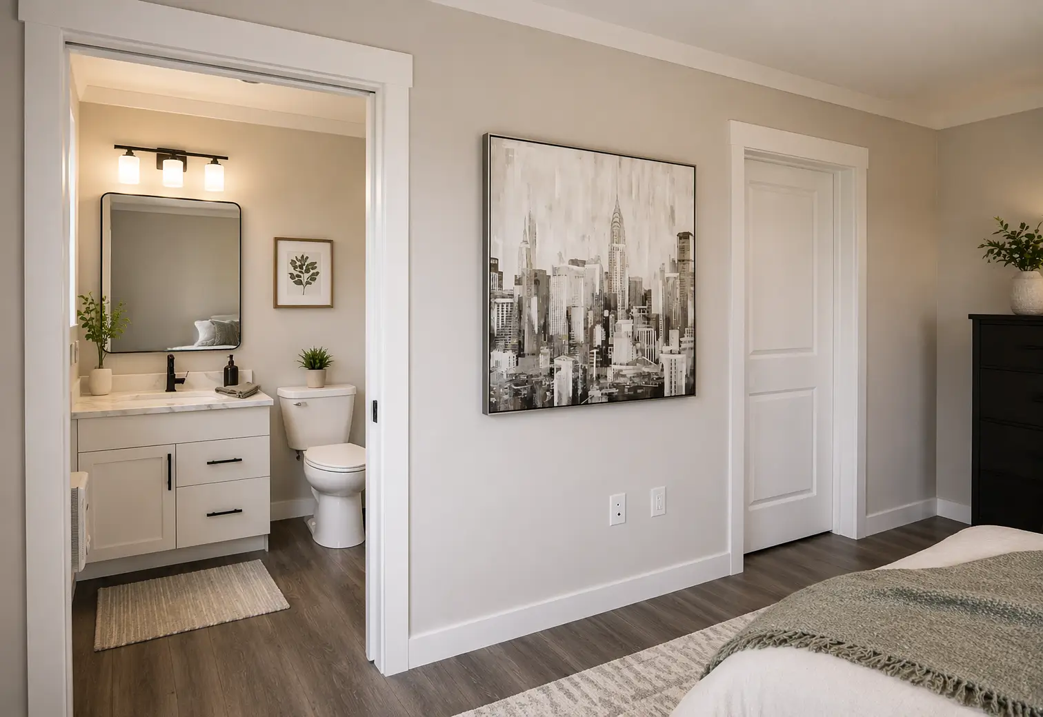 Primary bedroom with ensuite bathroom access, neutral finishes, large artwork, dark wood flooring, and modern black fixtures. 