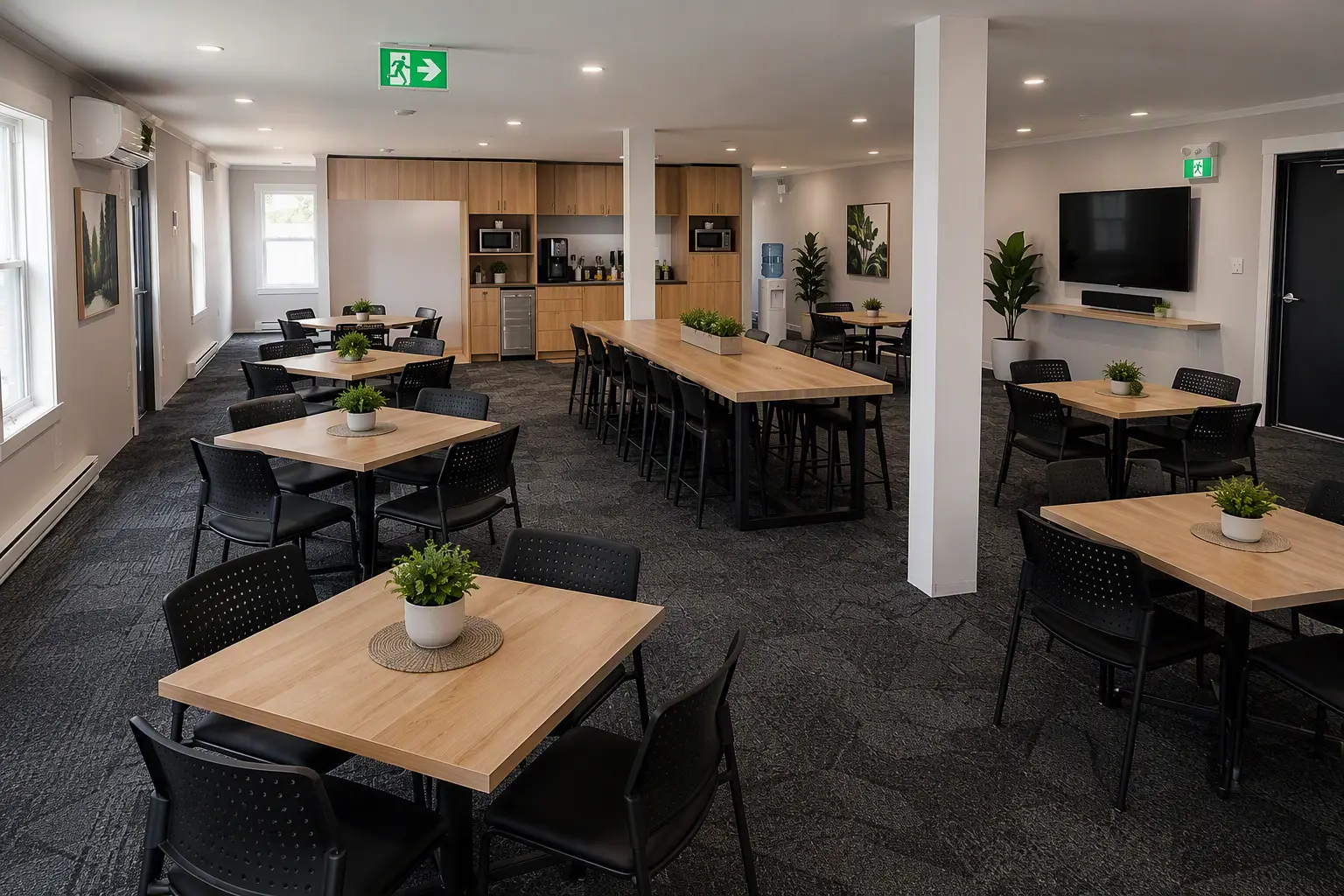 Modern staff lunch room with multiple dining tables, a large communal table, kitchenette with wood cabinetry, wall-mounted TV, and bright open seating area. 