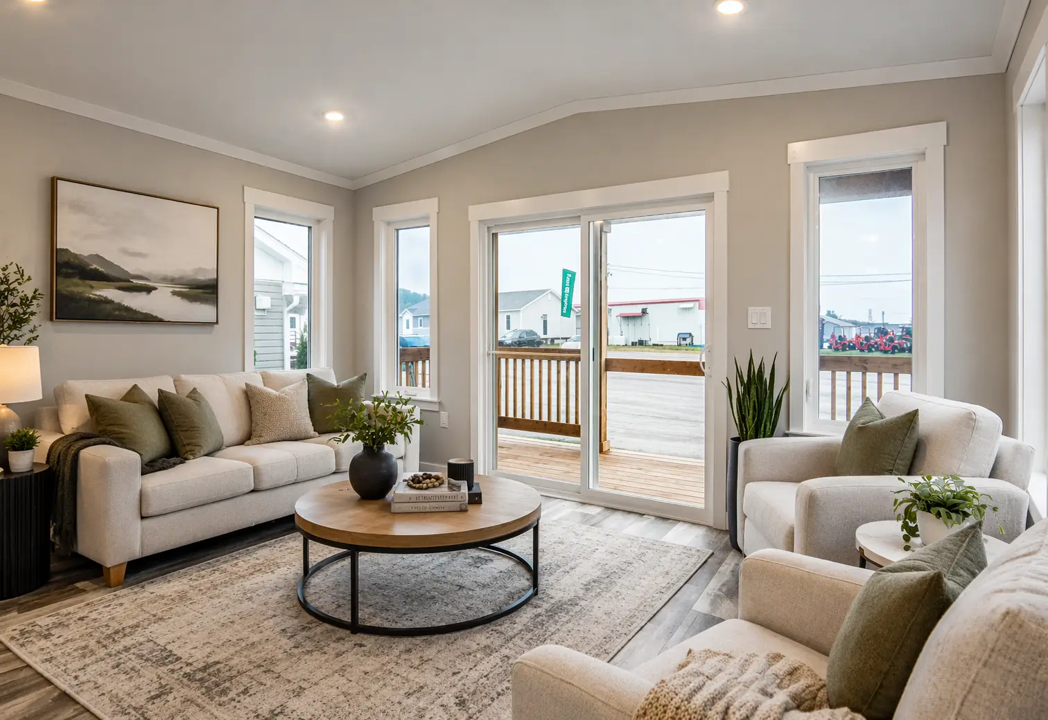 Open-concept living room featuring neutral seating, a round coffee table, large windows, sliding patio doors, and contemporary décor accents. 
