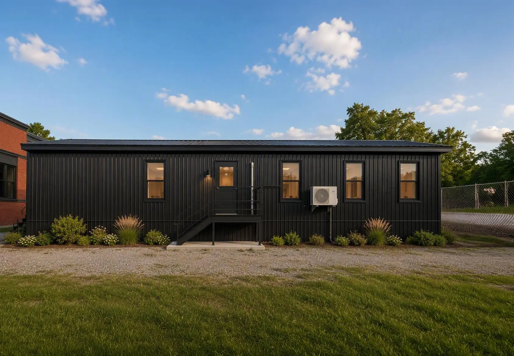 Contemporary black modular staff lunch room expansion with large windows, central entrance, landscaped frontage, and metal exterior cladding. 