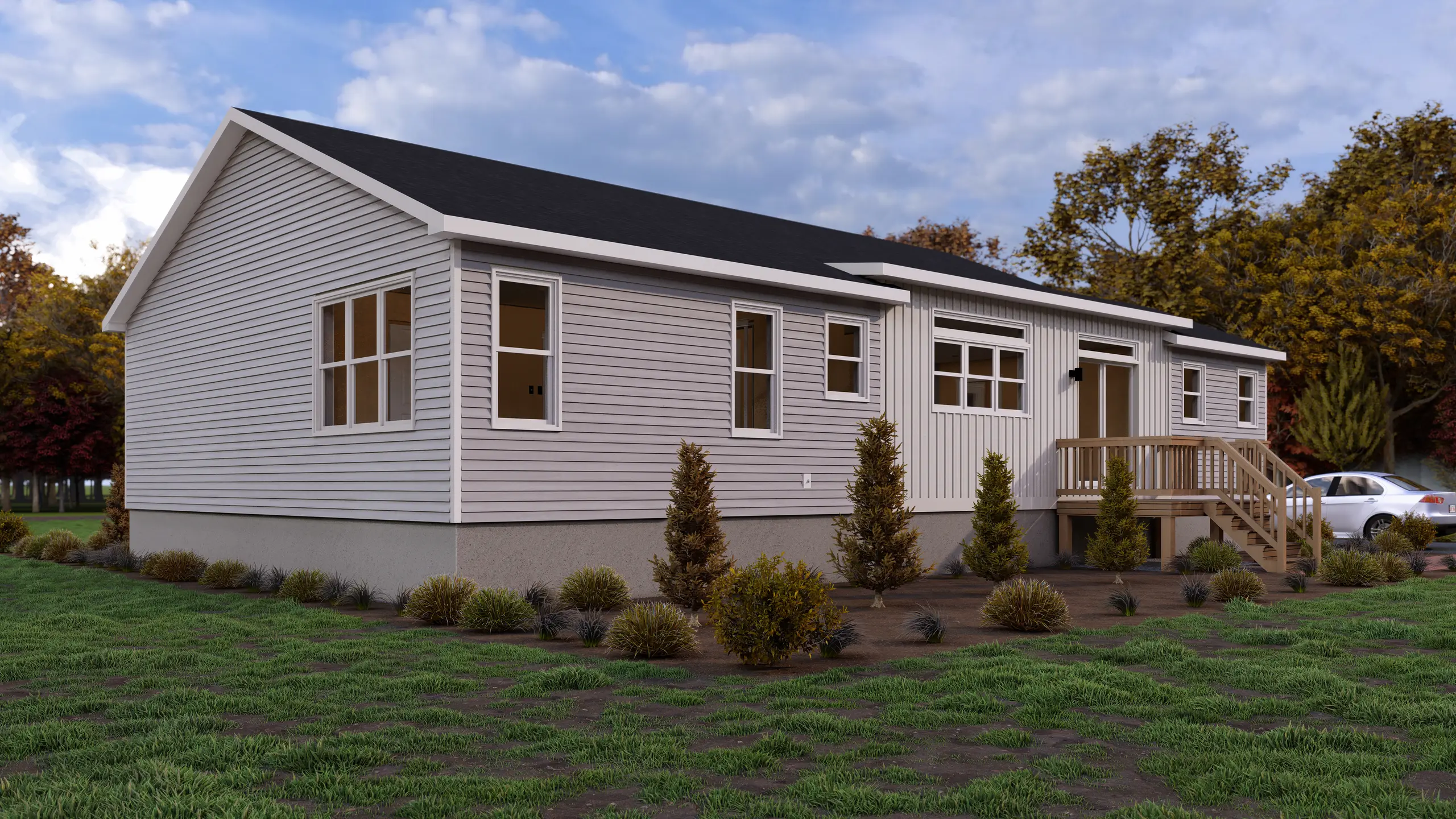 Rear-side perspective of a modern bungalow showcasing large corner windows, light grey exterior finishes, and surrounding landscaped grounds. 