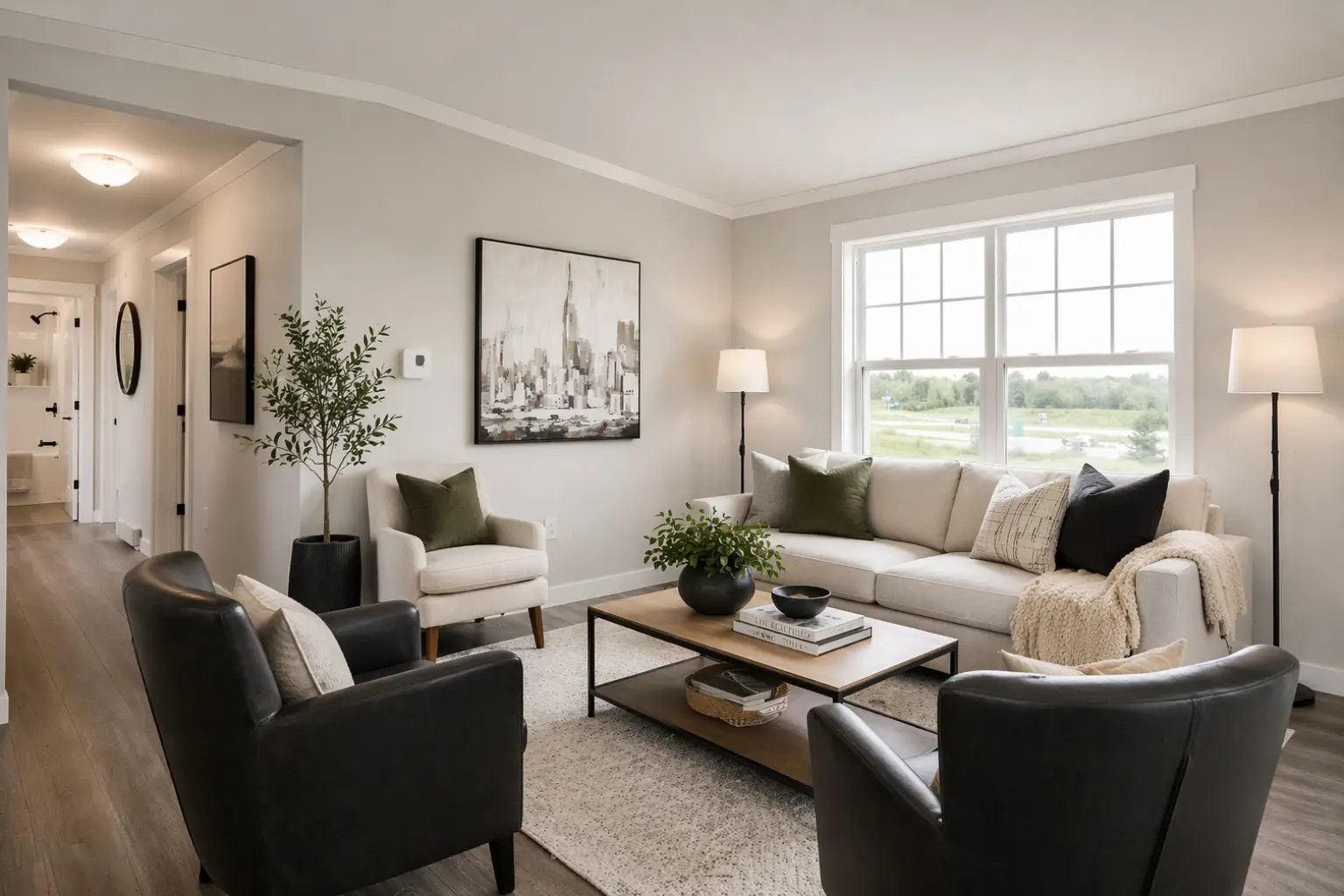 Open-concept living area featuring a neutral colour palette, comfortable seating, large windows, and contemporary décor accents. 