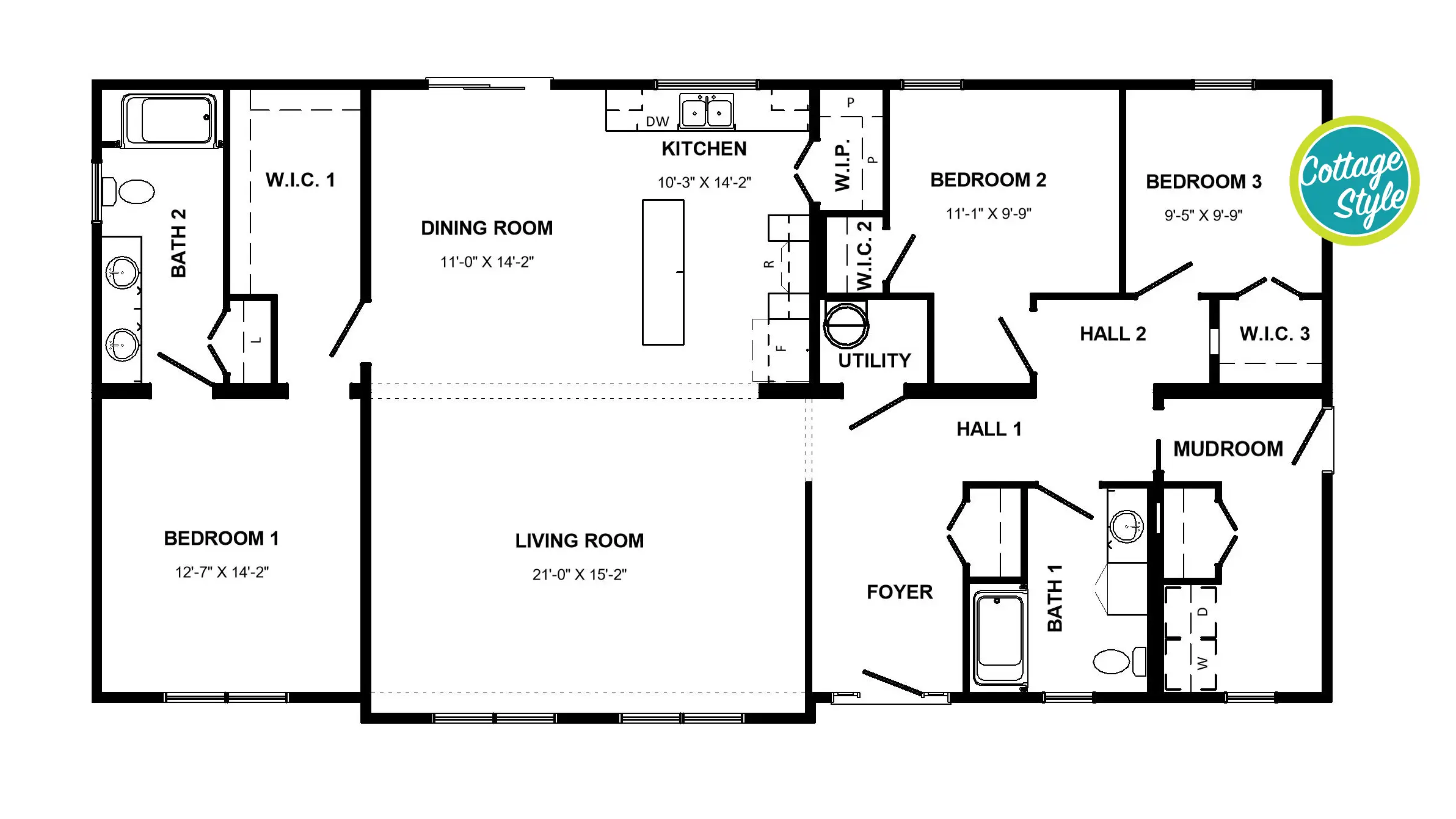 Floor plan of the Cottage, Winterhaven model modular home. 