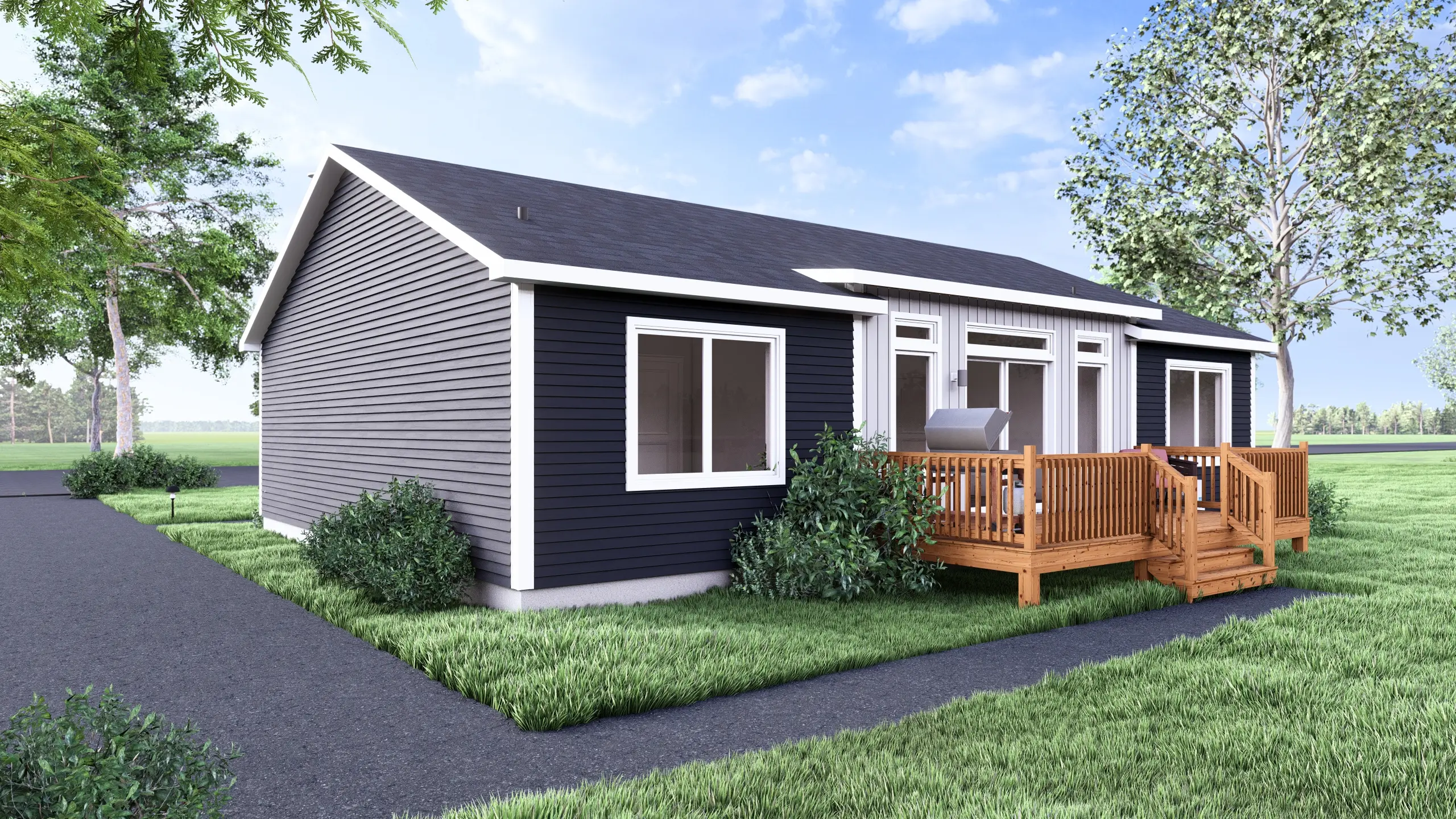 Back exterior of a modern bungalow featuring a central deck, patio door, large picture windows, and a landscaped backyard setting. 