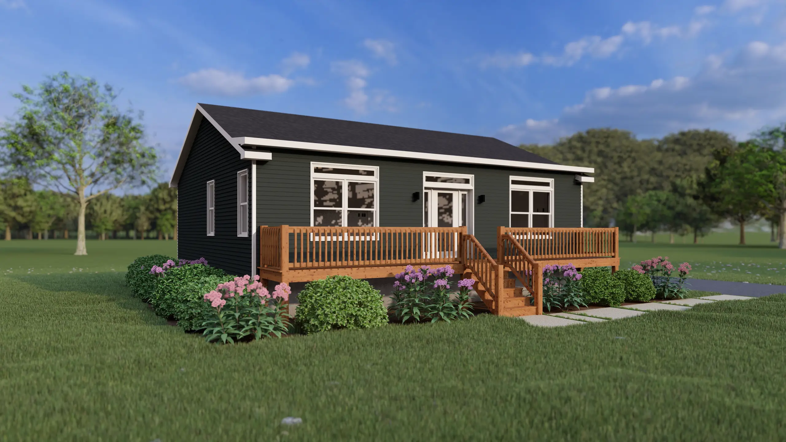 Front exterior of a contemporary bungalow with a spacious wood deck, large windows, patio door access, and landscaped garden beds. 