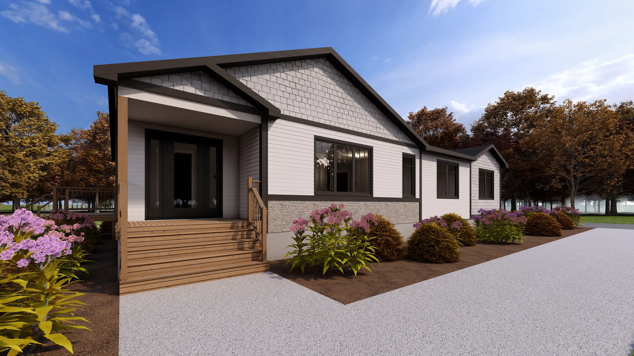 Covered front entrance with wood stairs, modern black door, large windows, and surrounding landscaped flower beds. 
