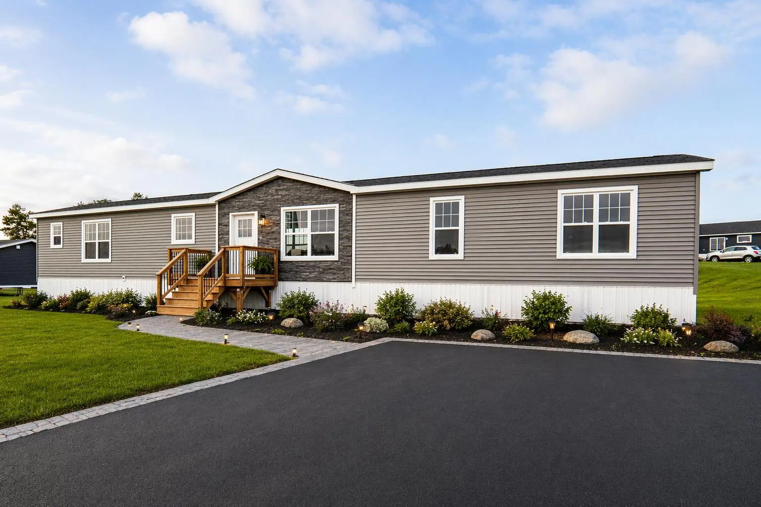 Front view of a contemporary modular home featuring grey siding, stone accent cladding, a covered entry deck, and landscaped garden beds. 
