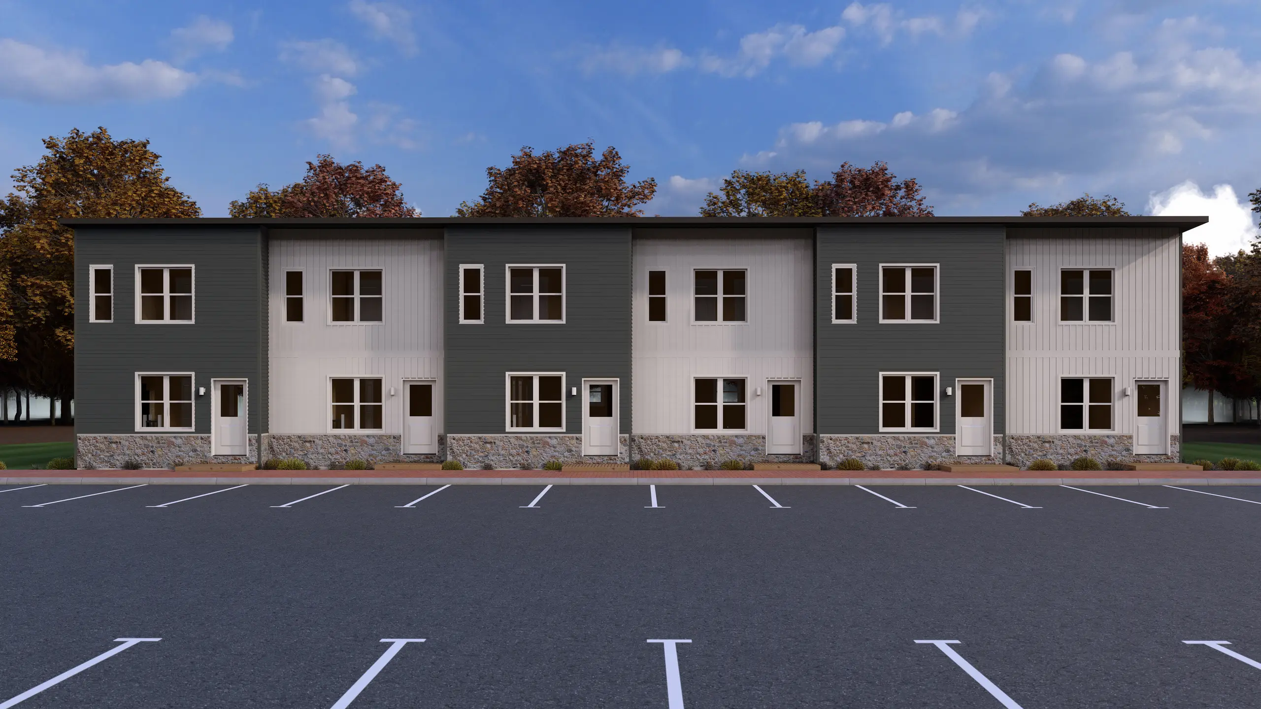 Front elevation of a six-unit residential building with alternating dark and light exterior finishes, private entrances, stone detailing, and resident parking. 
