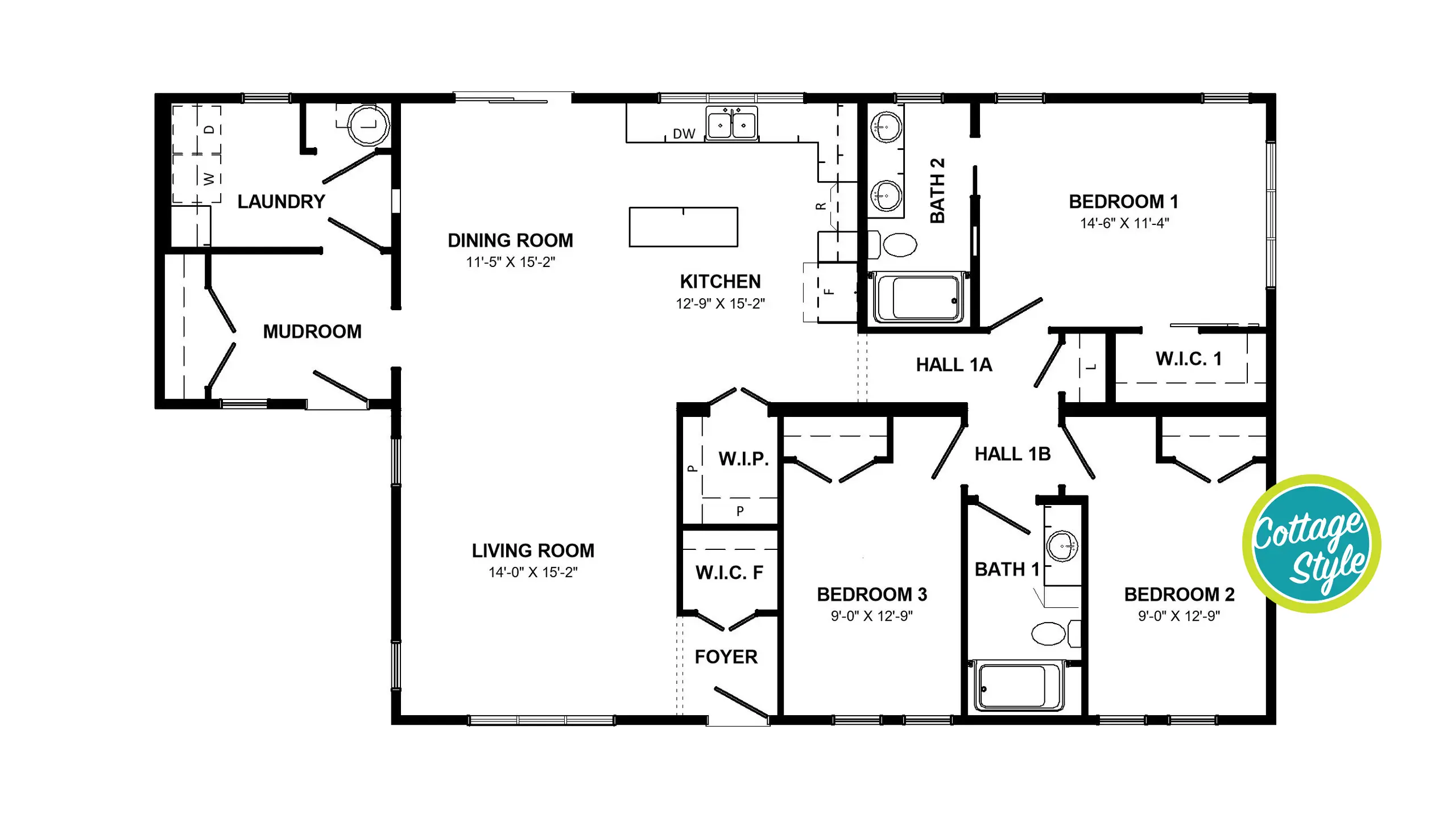 Floor plan of the Cottage, Hemlock model modular home. 