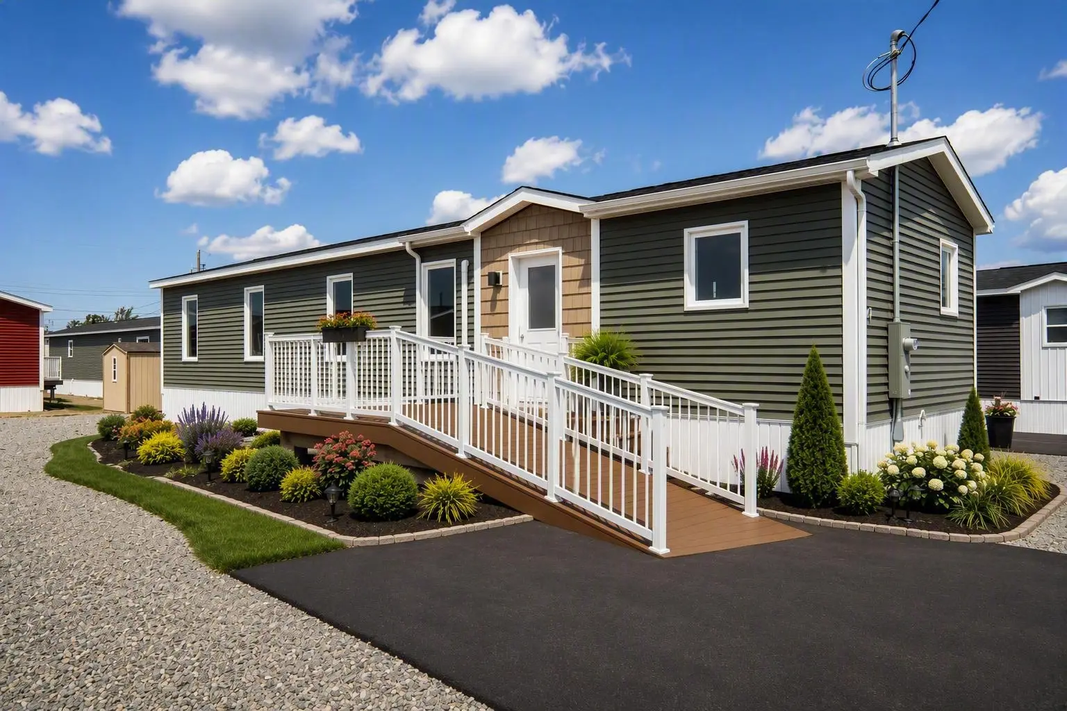 Front view of a grey modular home with white trim, a covered entry deck, landscaped garden beds with shrubs and flowers, and a paved driveway leading to the front steps. 