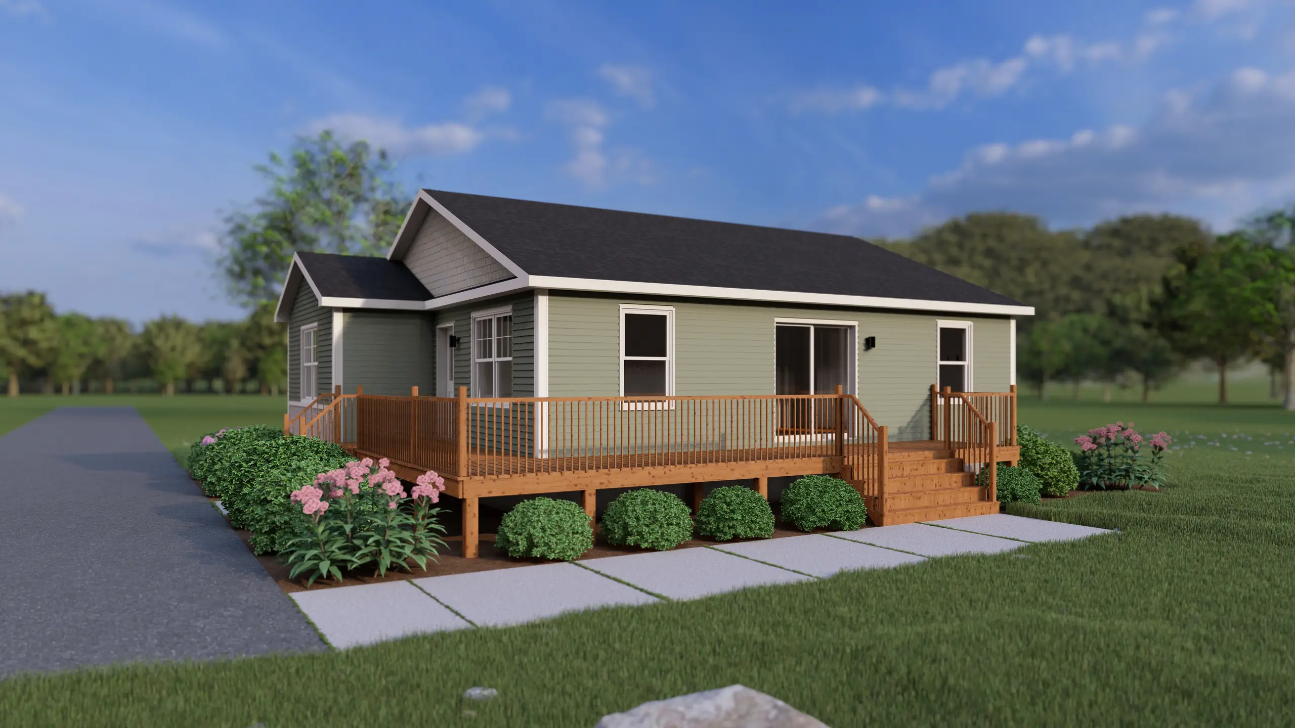 Light green bungalow with an expansive wraparound-style wooden deck, surrounded by manicured landscaping and open green space. 