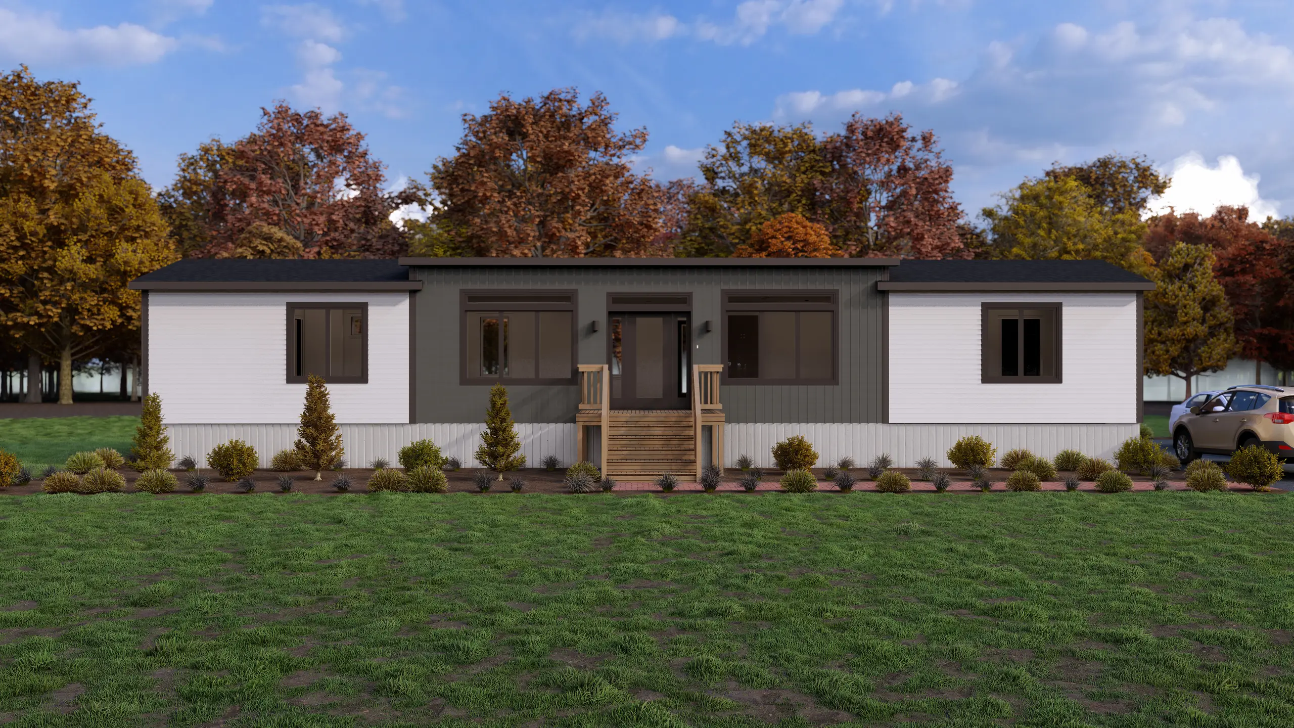 Modern mini home featuring a symmetrical façade, central entrance with wooden stairs, oversized windows, and low-maintenance landscaping. 